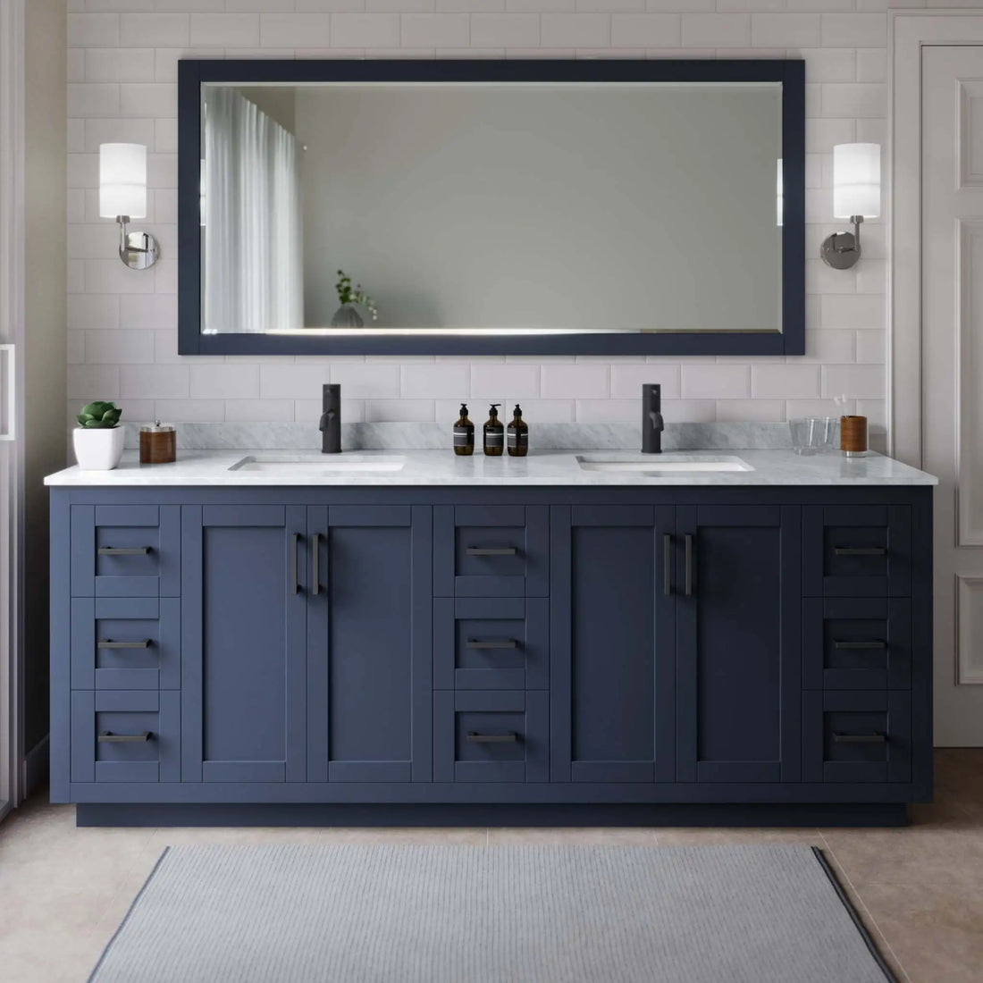 84" Miranda Double Bathroom Vanity in Dark Blue with Matte Black Trim & 70" Mirror by Wyndham