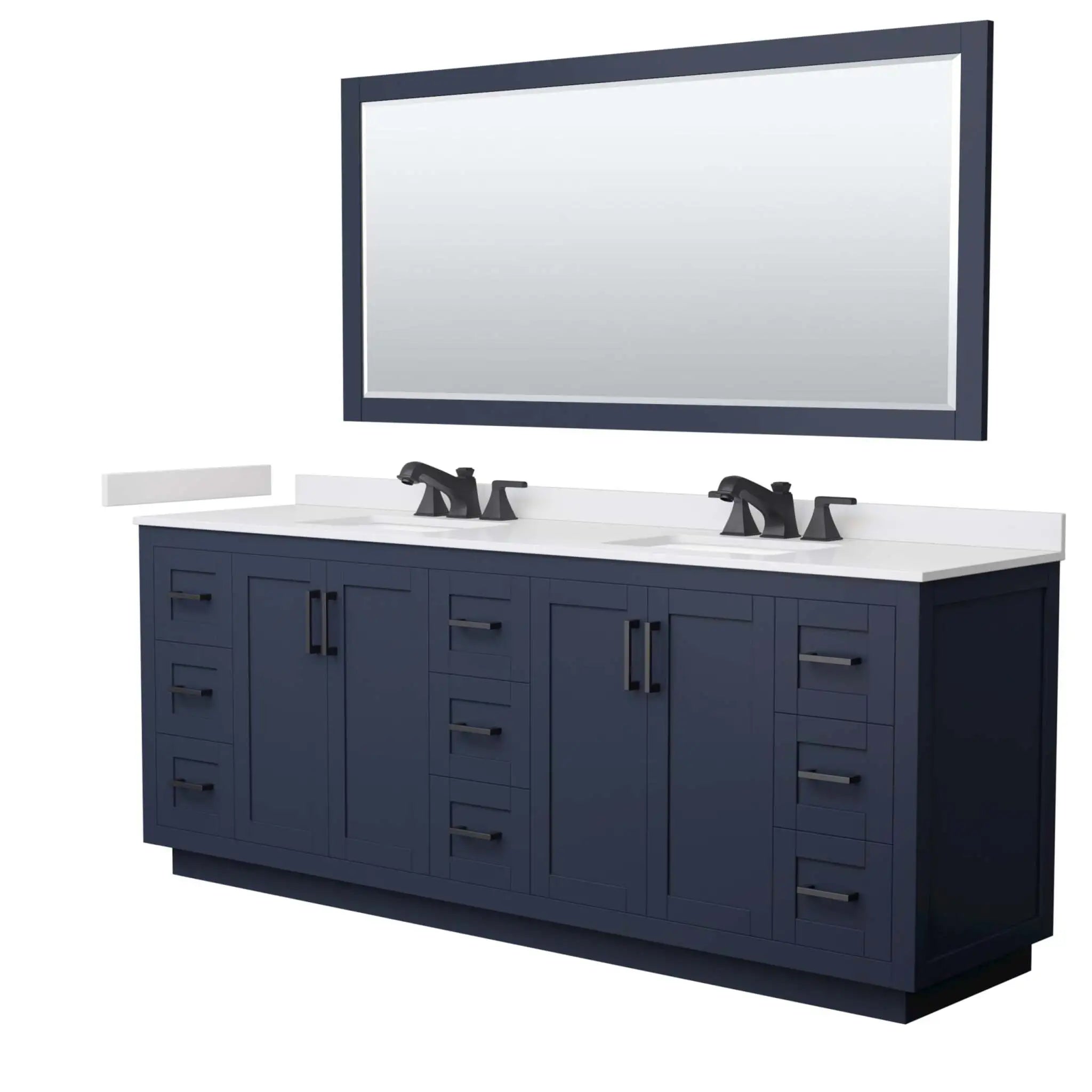 84" Miranda Double Bathroom Vanity in Dark Blue with Matte Black Trim & 70" Mirror by Wyndham