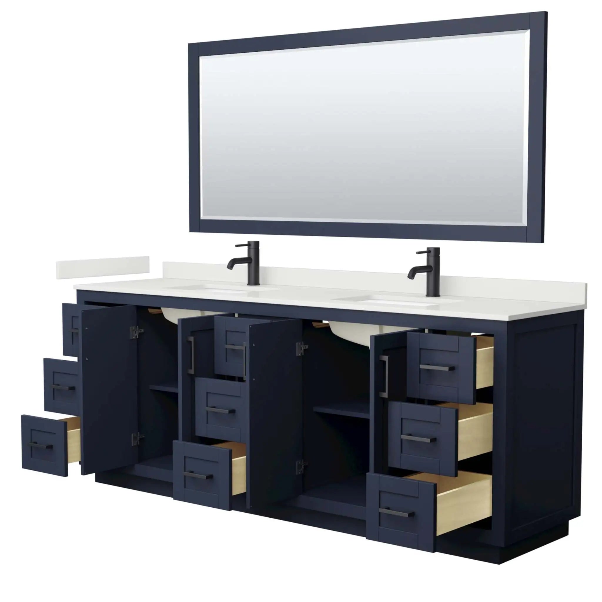 84" Miranda Double Bathroom Vanity in Dark Blue with Matte Black Trim & 70" Mirror by Wyndham