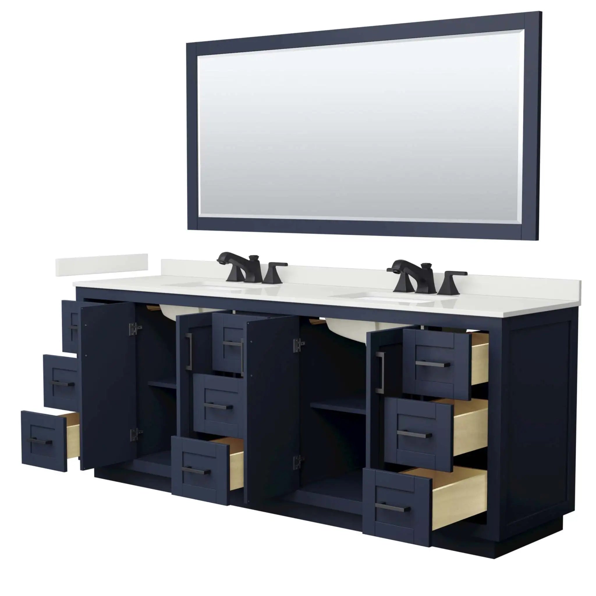 84" Miranda Double Bathroom Vanity in Dark Blue with Matte Black Trim & 70" Mirror by Wyndham