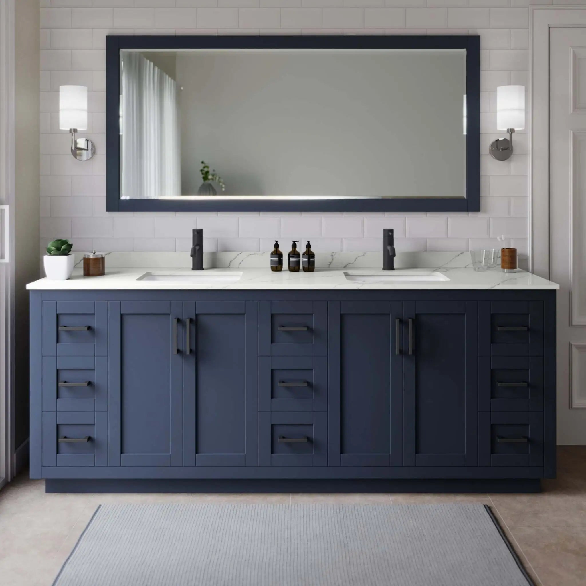 84" Miranda Double Bathroom Vanity in Dark Blue with Matte Black Trim by Wyndham