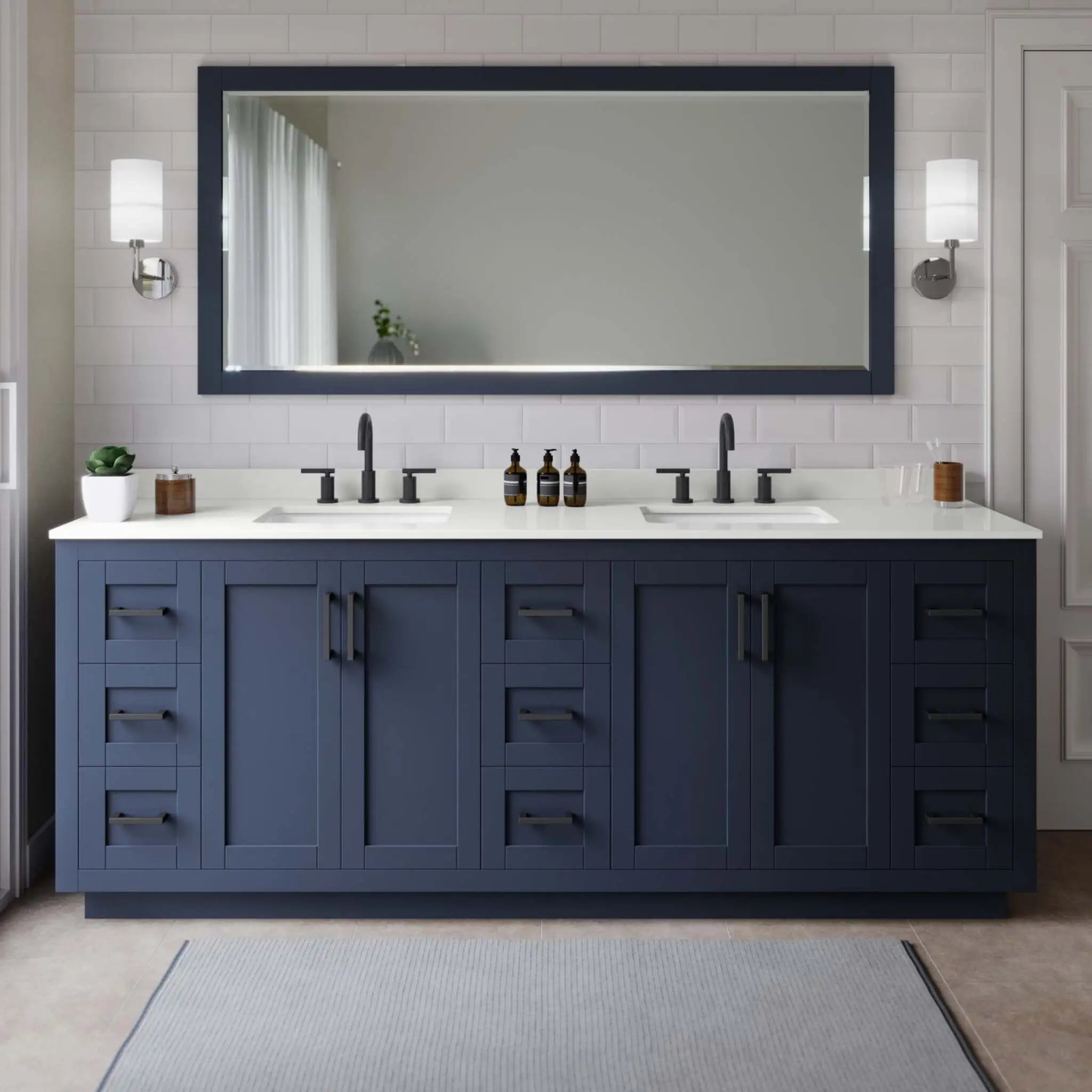 84" Miranda Double Bathroom Vanity in Dark Blue with Matte Black Trim by Wyndham