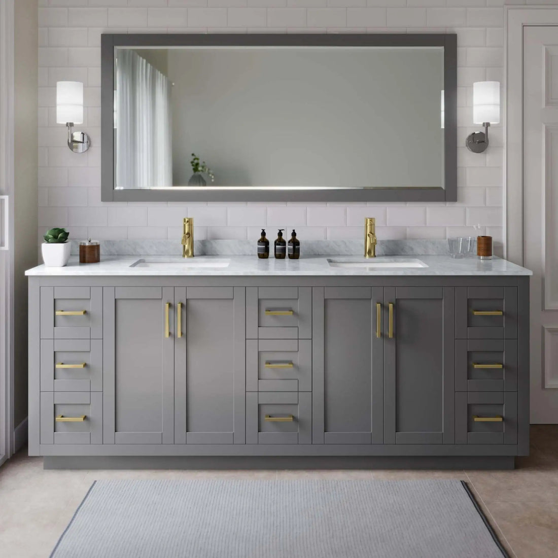 84" Miranda Double Bathroom Vanity in Dark Gray with Brushed Gold Trim & 70" Mirror by Wyndham