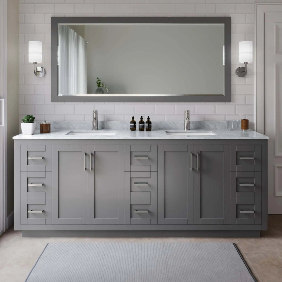 84" Miranda Double Bathroom Vanity in Dark Gray with Brushed Nickel Trim & 70" Mirror by Wyndham