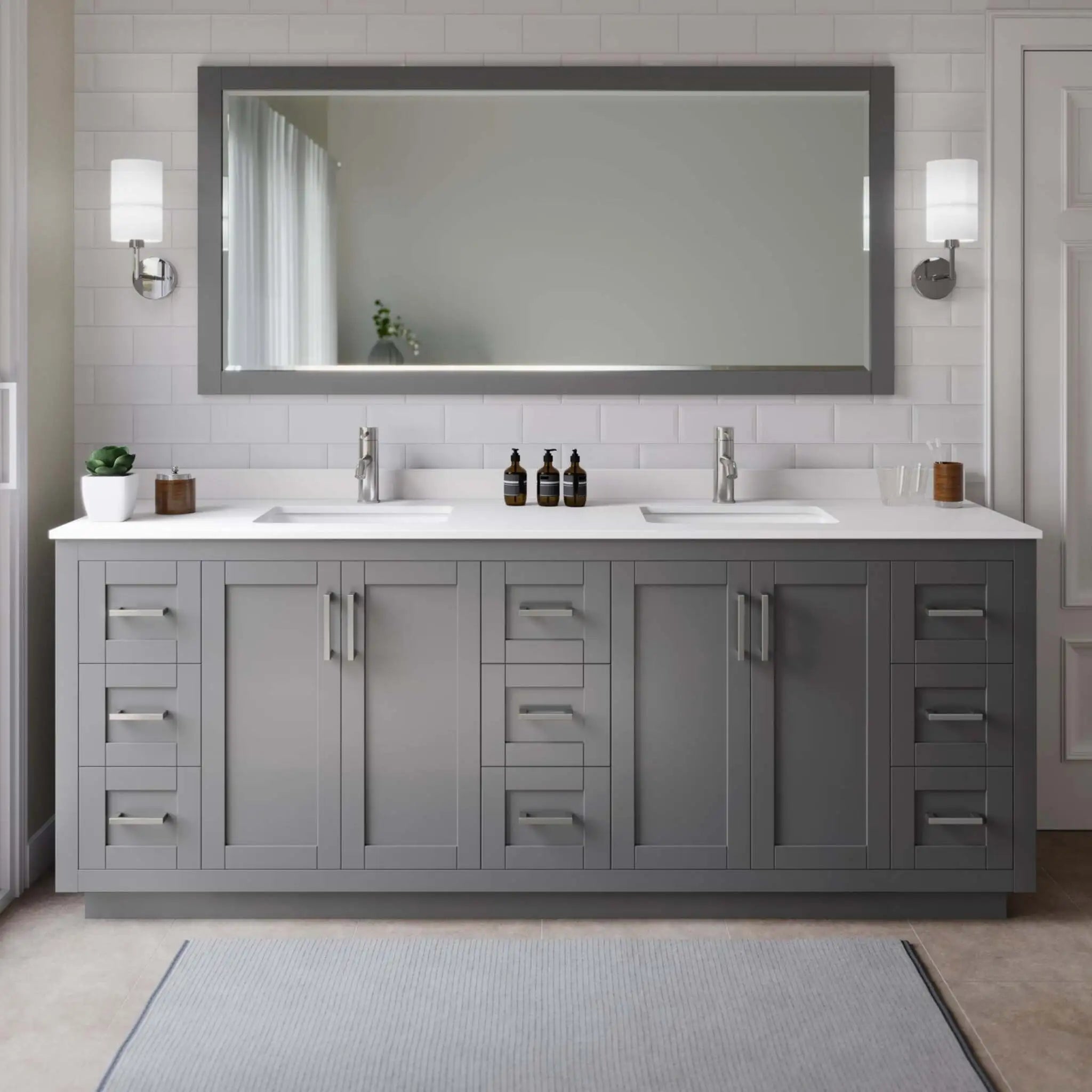 84" Miranda Double Bathroom Vanity in Dark Gray with Brushed Nickel Trim & 70" Mirror by Wyndham