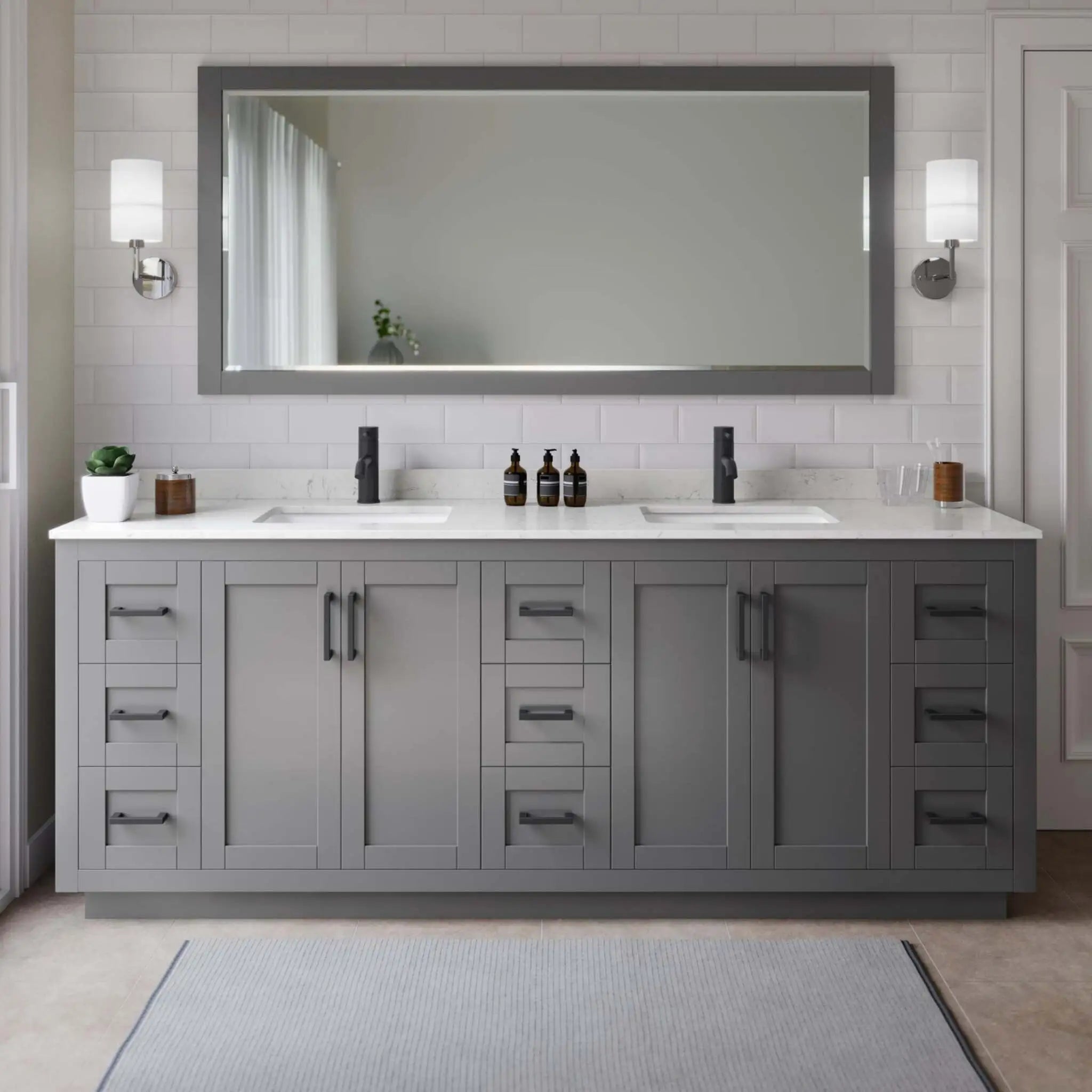 84" Miranda Double Bathroom Vanity in Dark Gray with Matte Black Trim & 70" Mirror by Wyndham