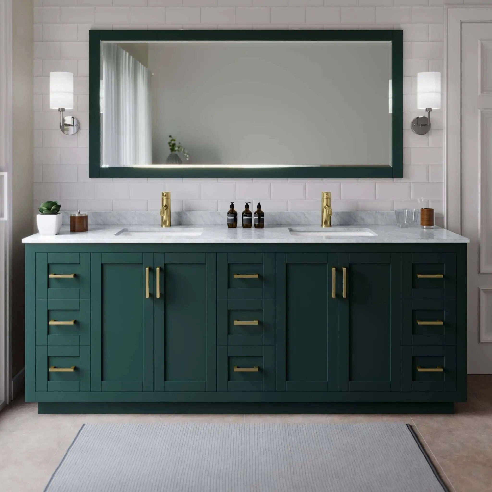 84" Miranda Double Bathroom Vanity in Green with Brushed Gold Trim & 70" Mirror by Wyndham