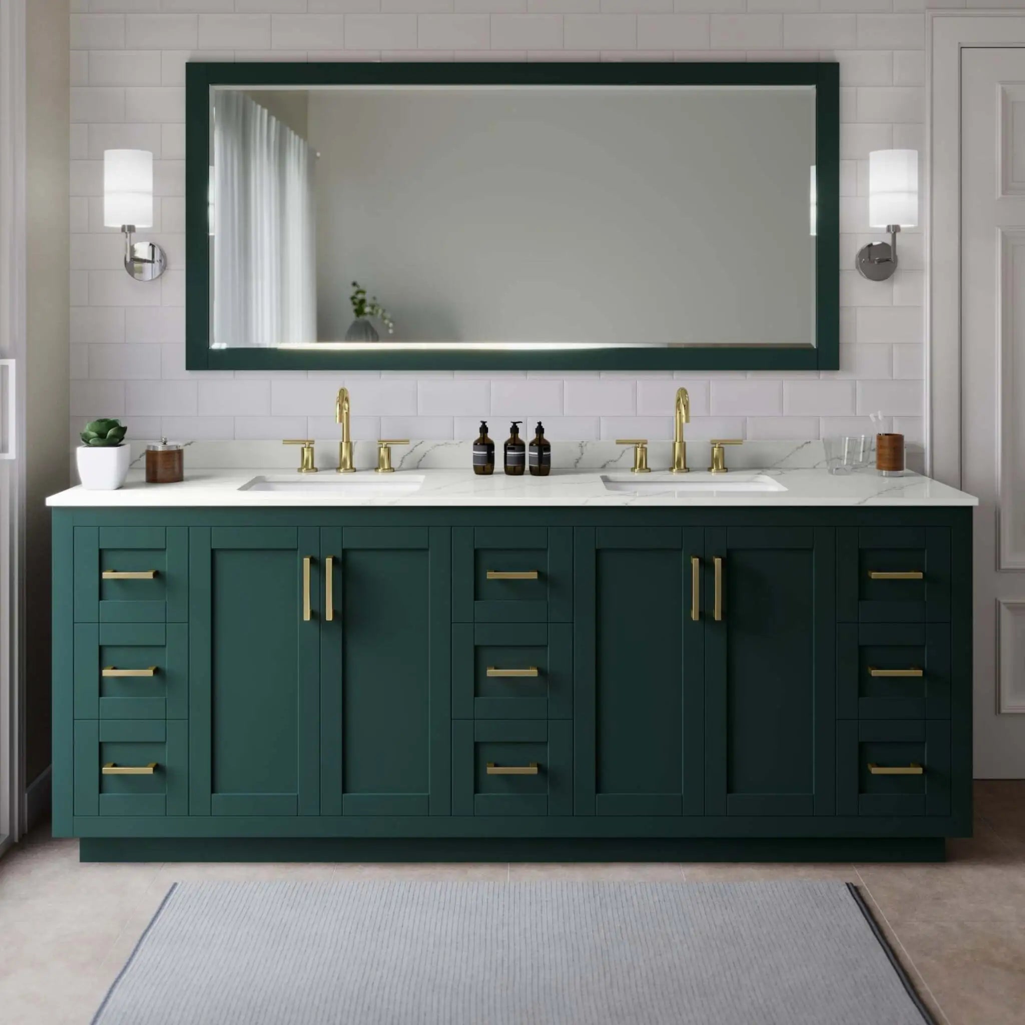 84" Miranda Double Bathroom Vanity in Green with Brushed Gold Trim by Wyndham