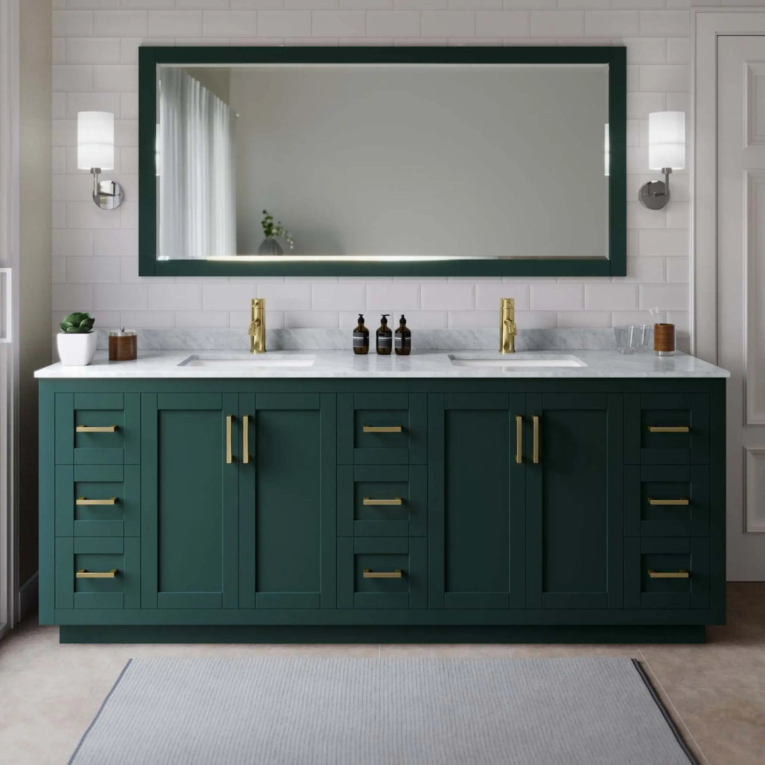 84" Miranda Double Bathroom Vanity in Green with Brushed Gold Trim by Wyndham