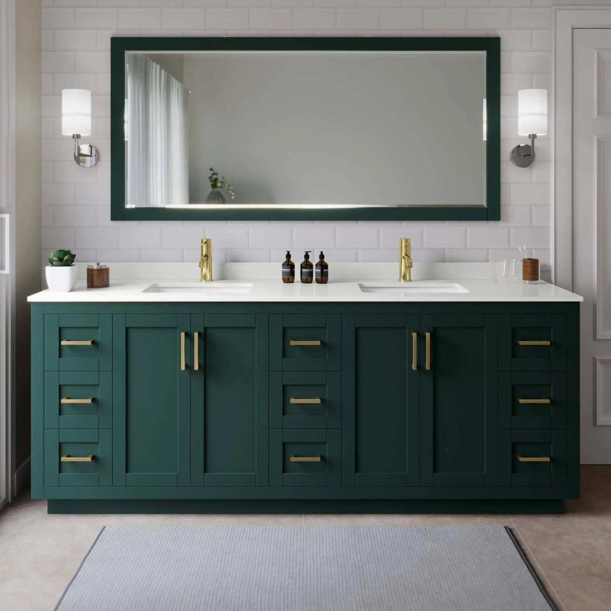 84" Miranda Double Bathroom Vanity in Green with Brushed Gold Trim by Wyndham