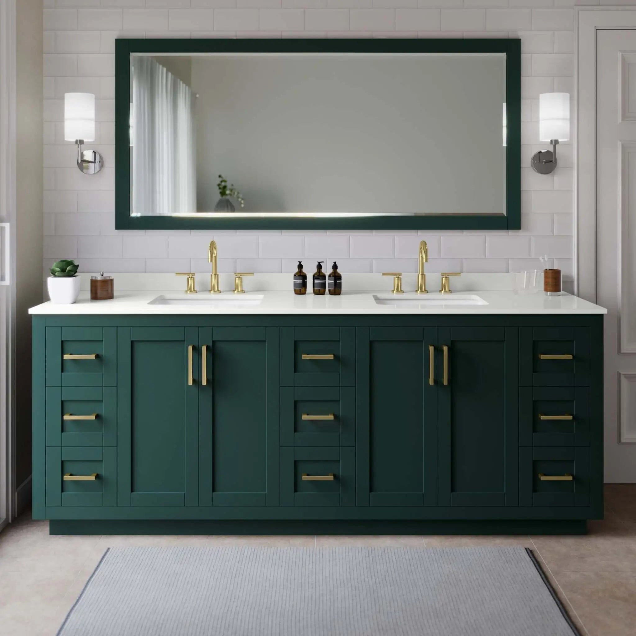 84" Miranda Double Bathroom Vanity in Green with Brushed Gold Trim by Wyndham