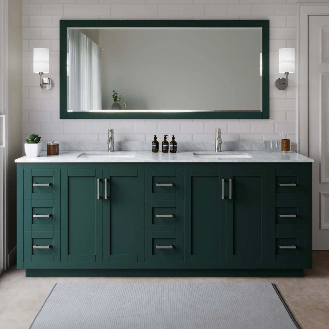84" Miranda Double Bathroom Vanity in Green with Brushed Nickel Trim & 70" Mirror by Wyndham