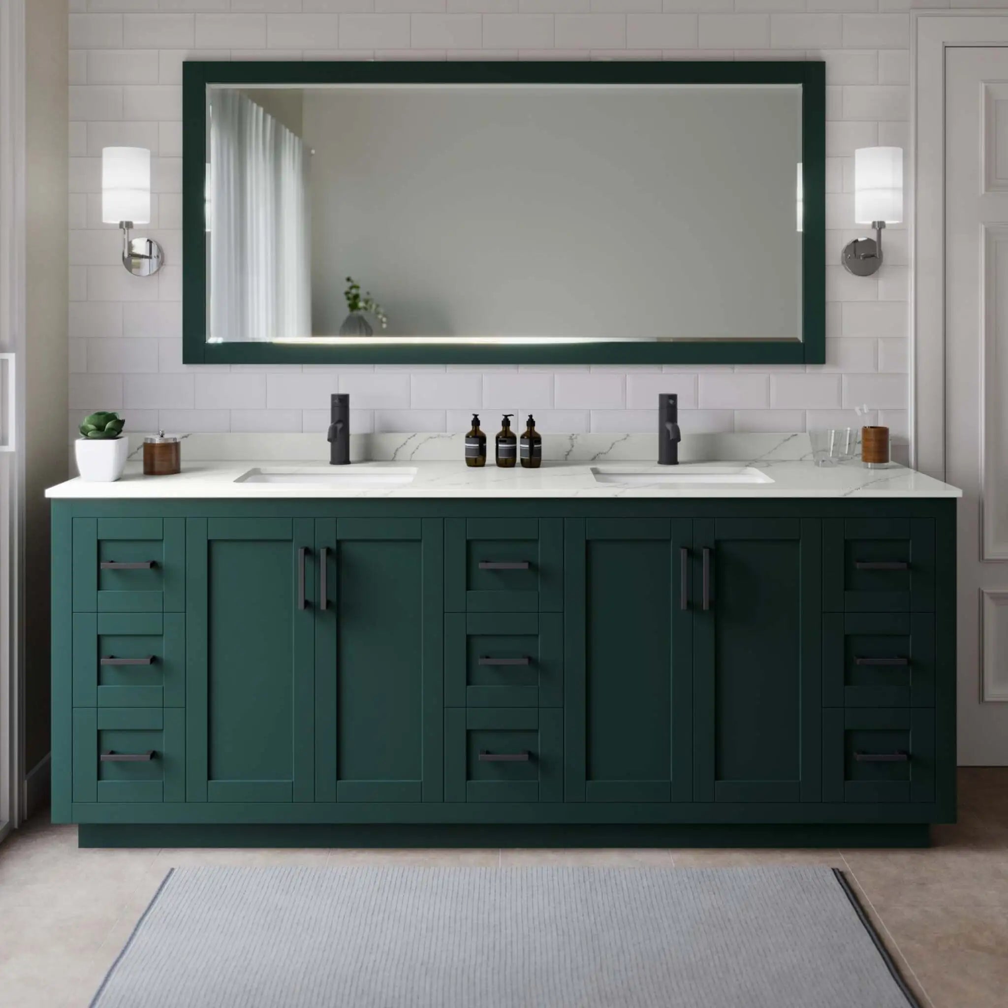 84" Miranda Double Bathroom Vanity in Green with Matte Black Trim & 70" Mirror by Wyndham