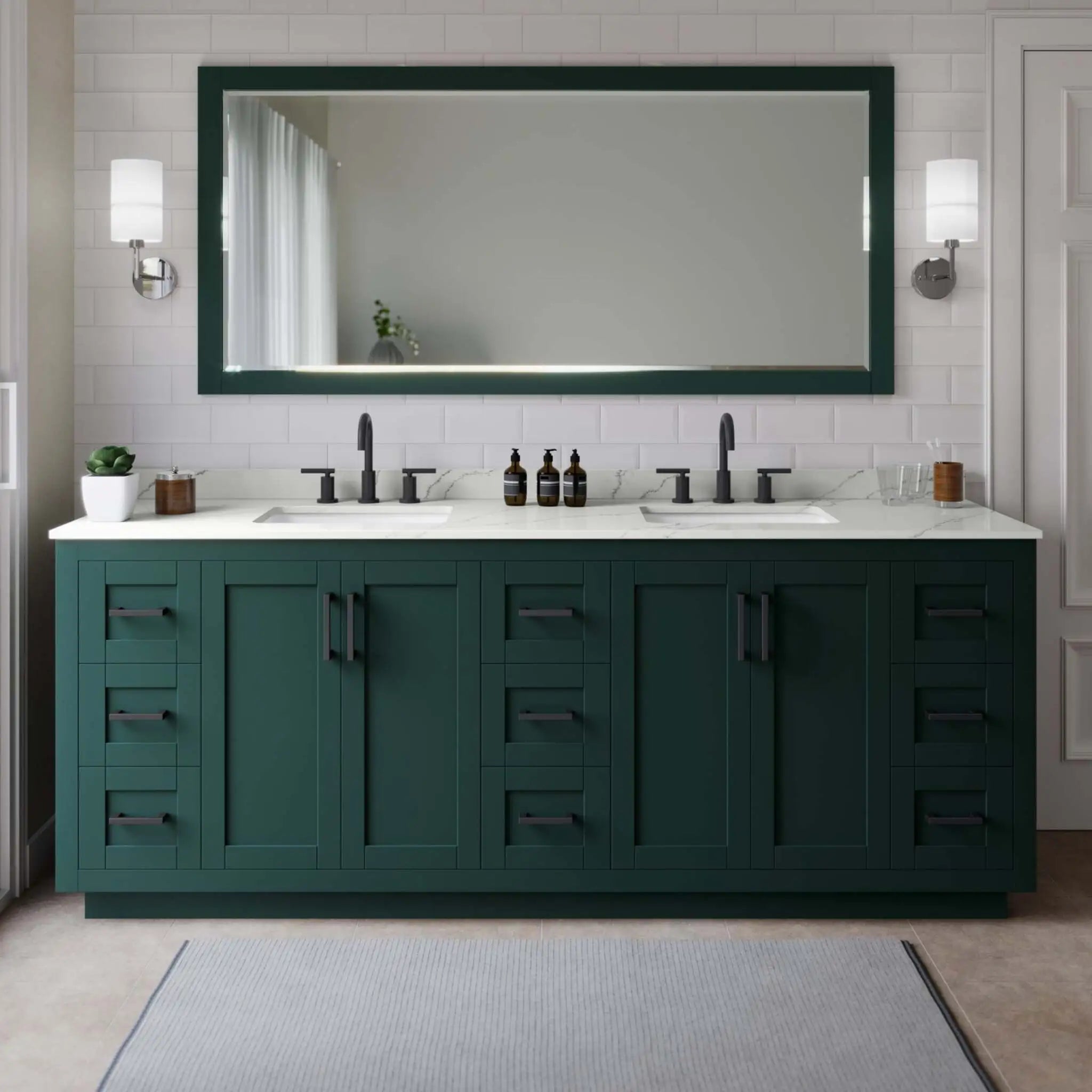 84" Miranda Double Bathroom Vanity in Green with Matte Black Trim & 70" Mirror by Wyndham