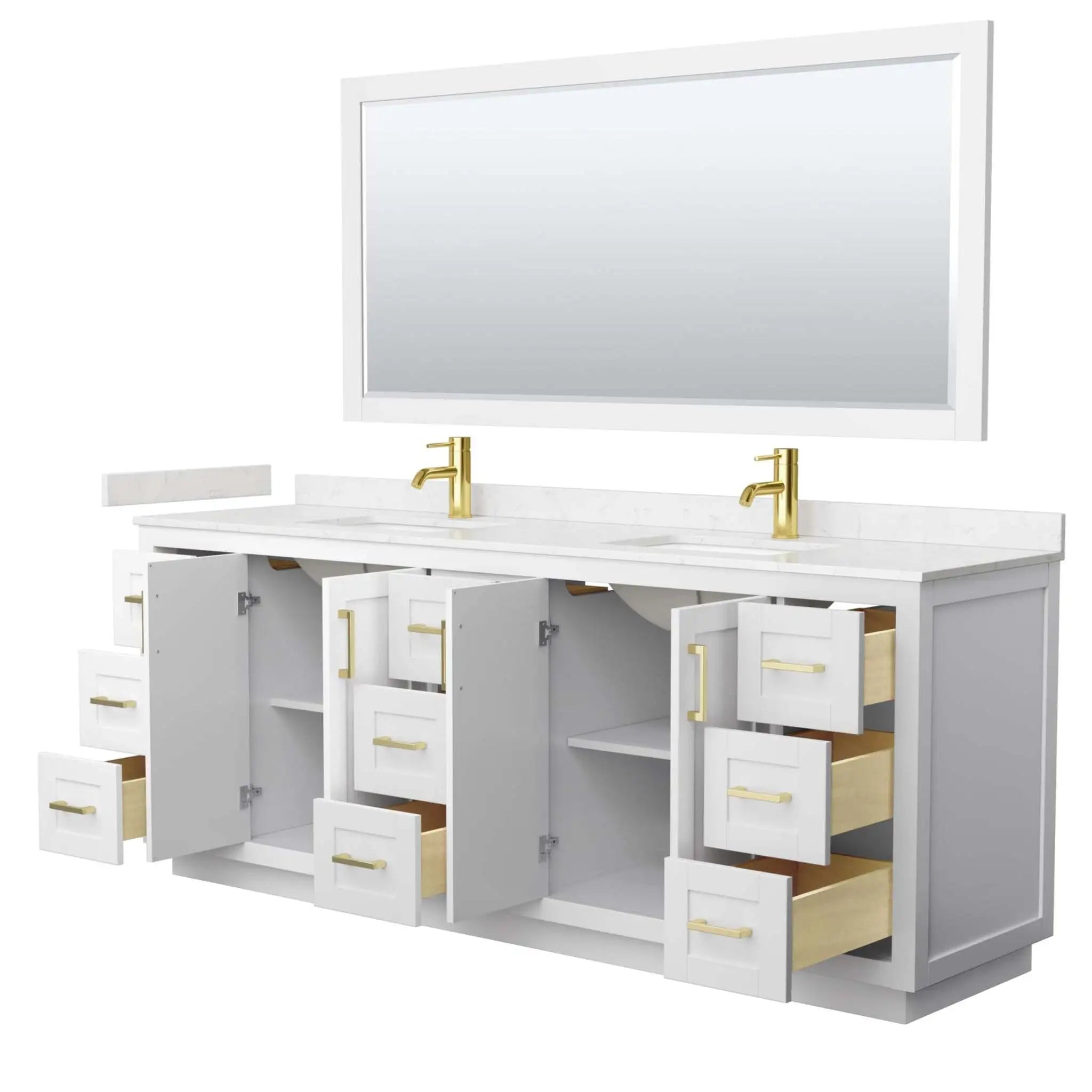 84" Miranda Double Bathroom Vanity in White with Brushed Gold Trim & 70" Mirror by Wyndham