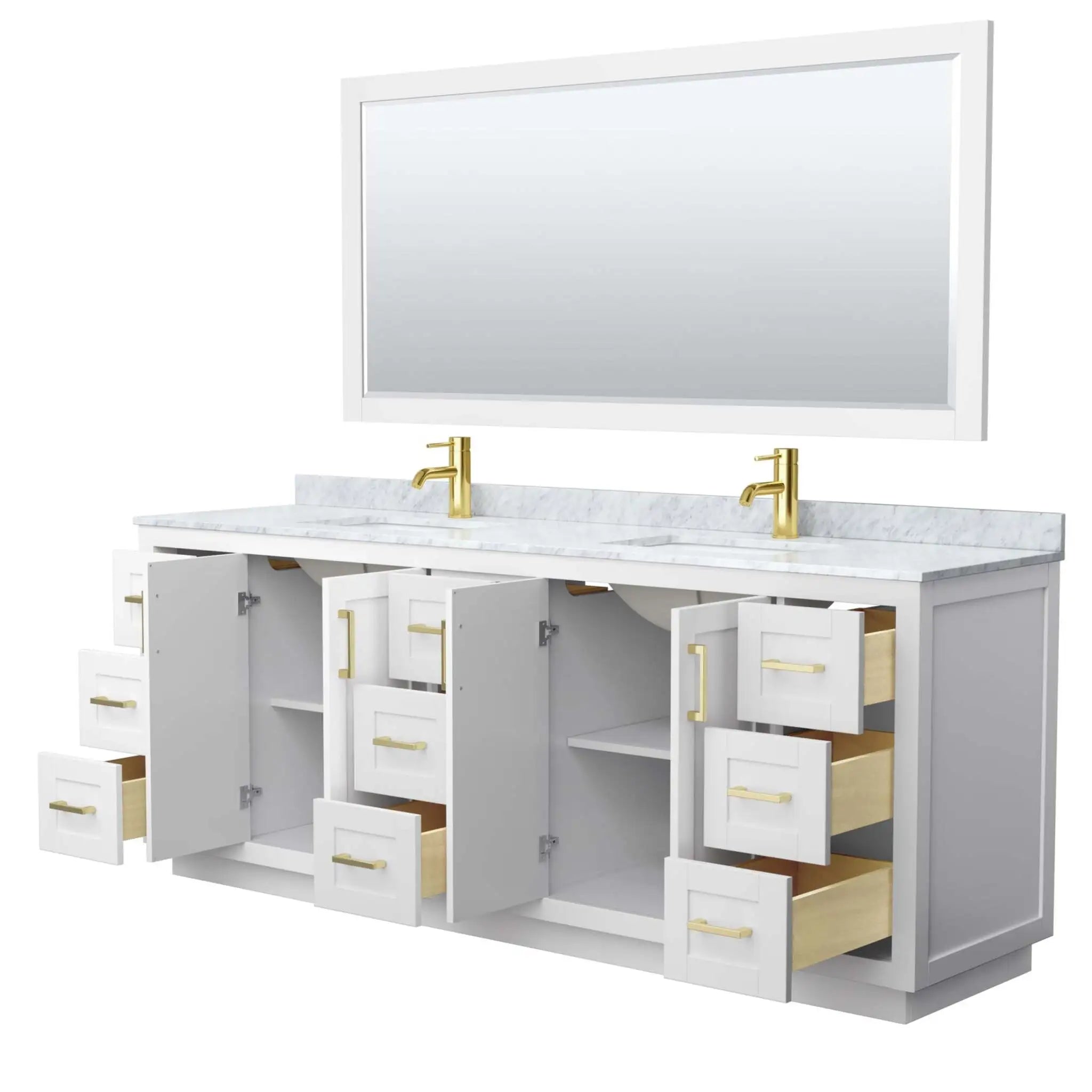 84" Miranda Double Bathroom Vanity in White with Brushed Gold Trim & 70" Mirror by Wyndham