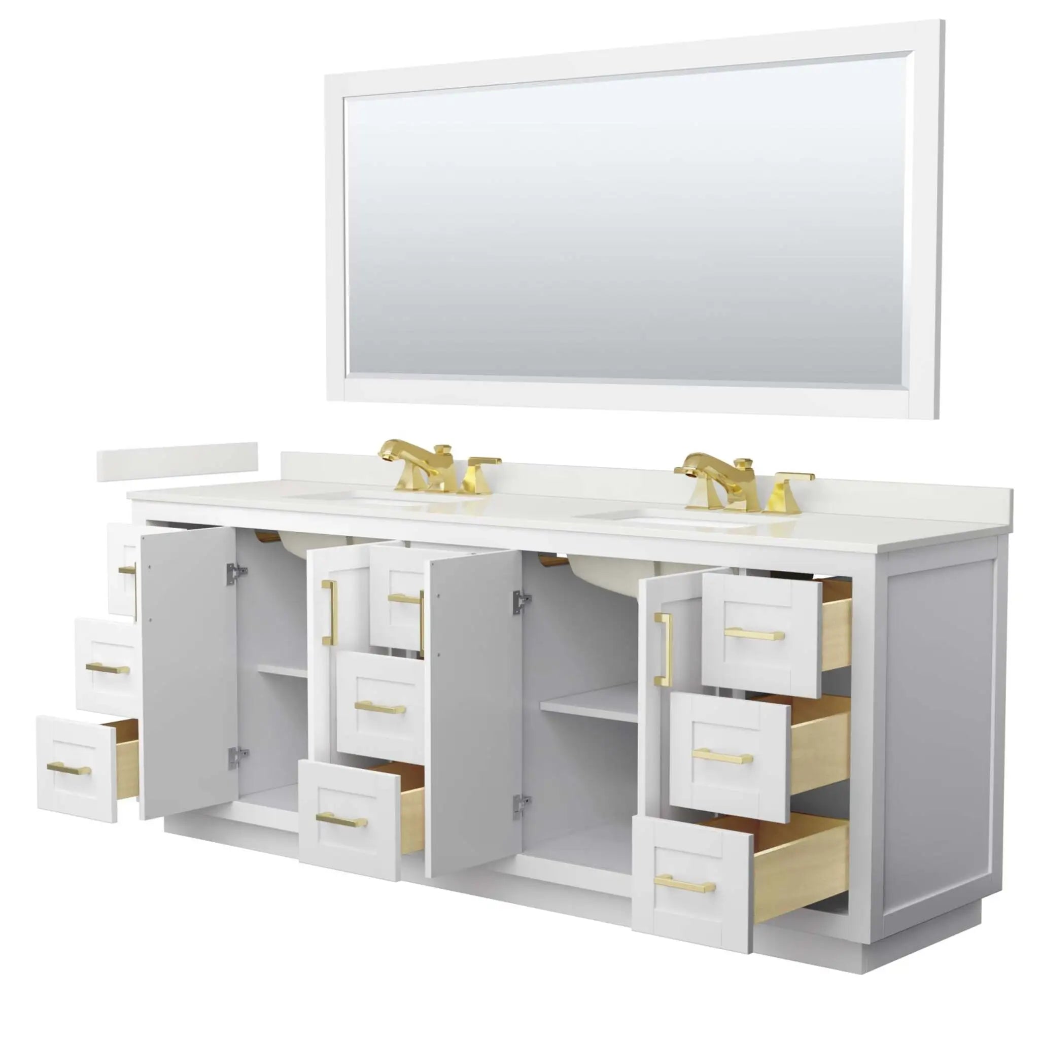 84" Miranda Double Bathroom Vanity in White with Brushed Gold Trim & 70" Mirror by Wyndham