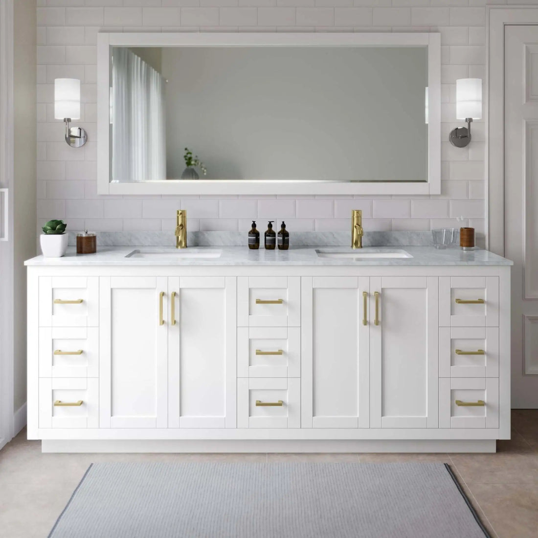 84" Miranda Double Bathroom Vanity in White with Brushed Gold Trim by Wyndham