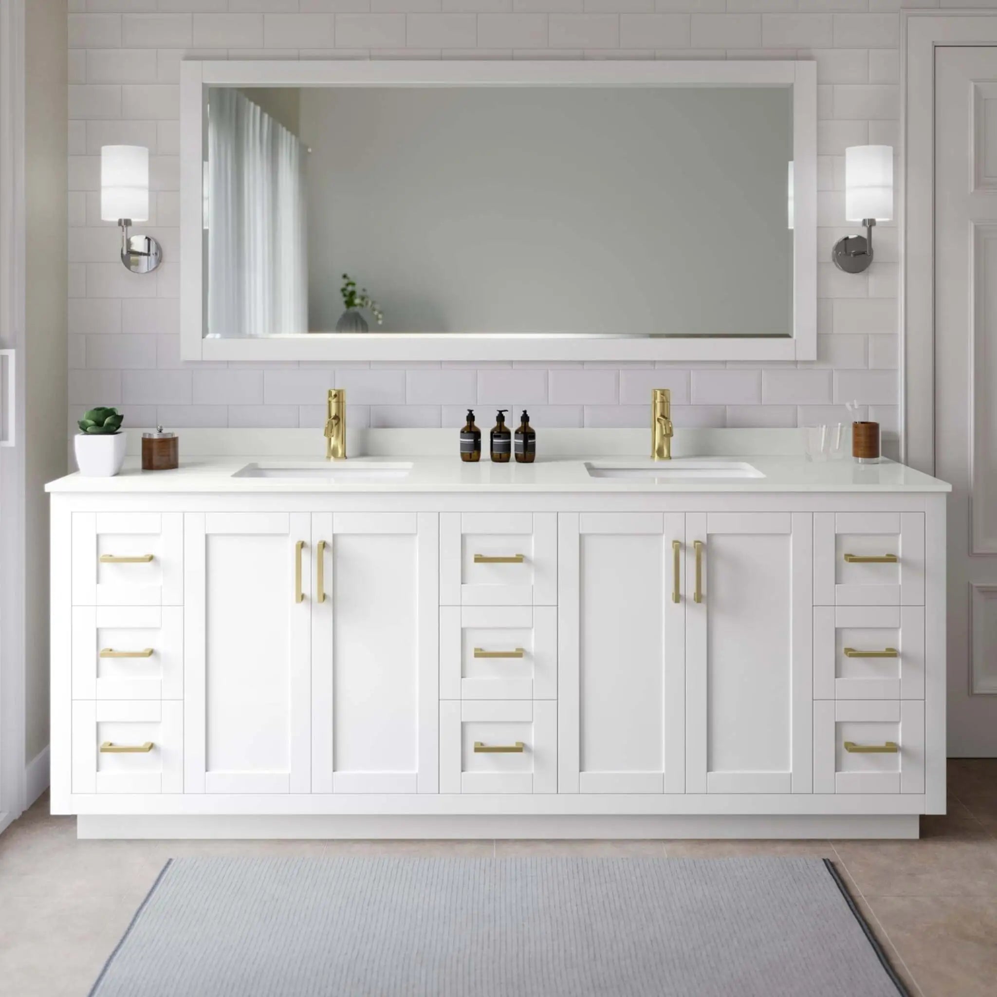 84" Miranda Double Bathroom Vanity in White with Brushed Gold Trim by Wyndham