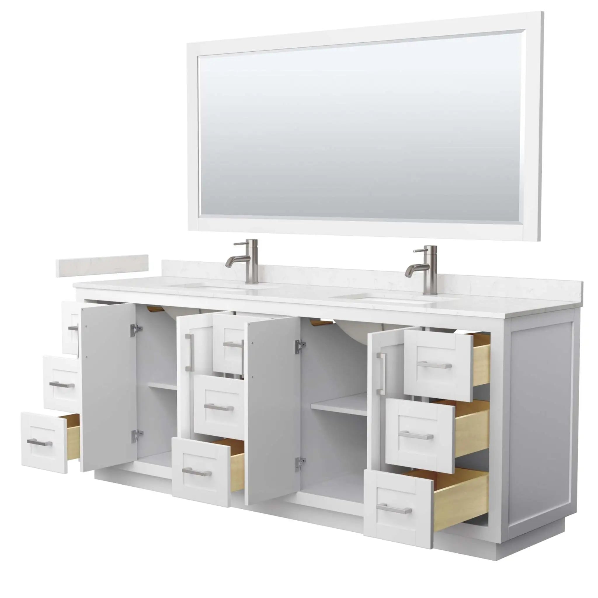 84" Miranda Double Bathroom Vanity in White with Brushed Nickel Trim & 70" Mirror by Wyndham