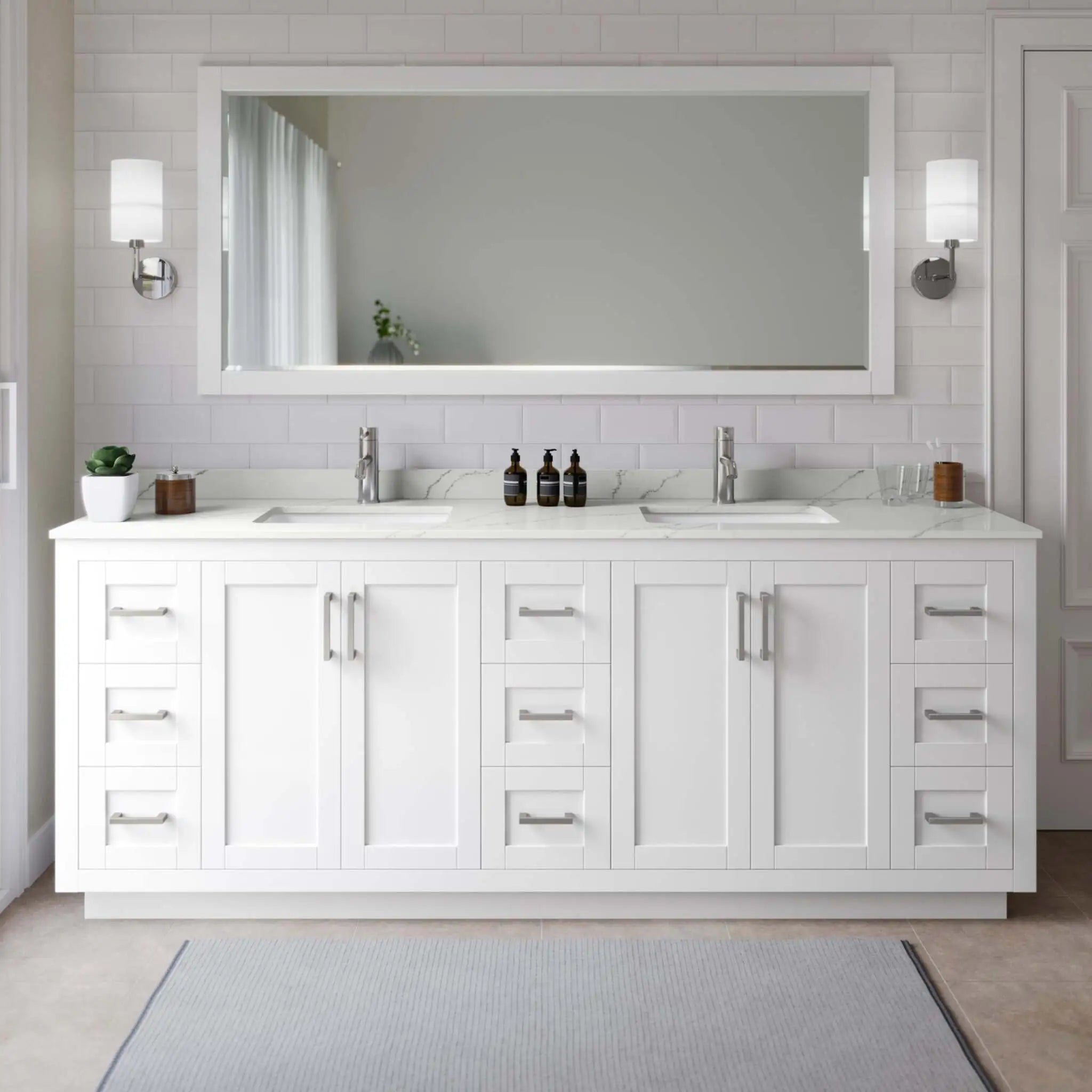 84" Miranda Double Bathroom Vanity in White with Brushed Nickel Trim & 70" Mirror by Wyndham