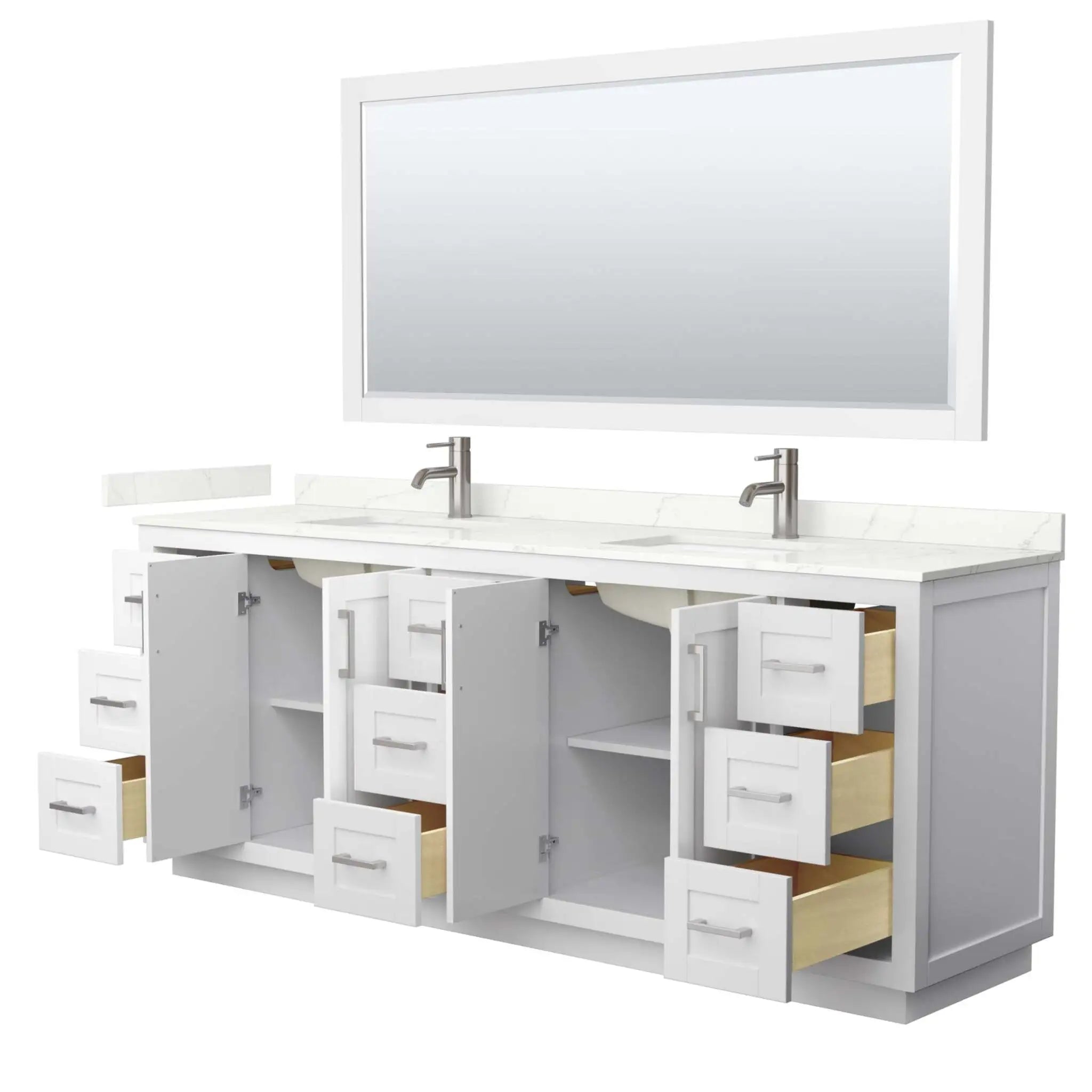 84" Miranda Double Bathroom Vanity in White with Brushed Nickel Trim & 70" Mirror by Wyndham