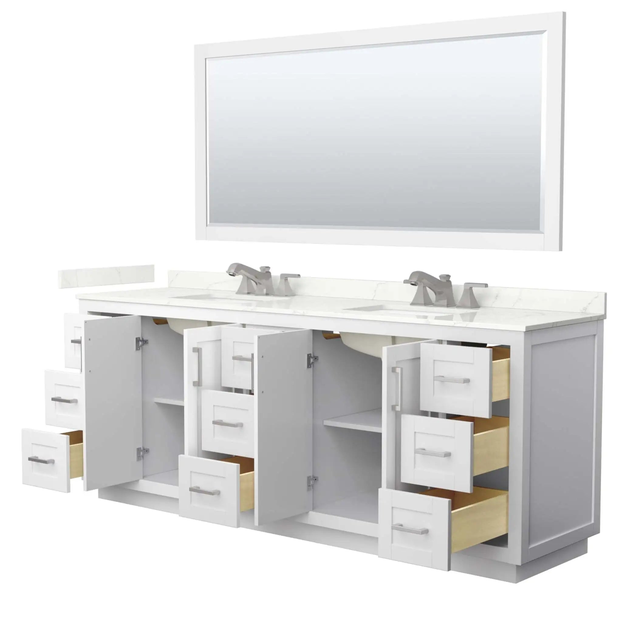 84" Miranda Double Bathroom Vanity in White with Brushed Nickel Trim & 70" Mirror by Wyndham
