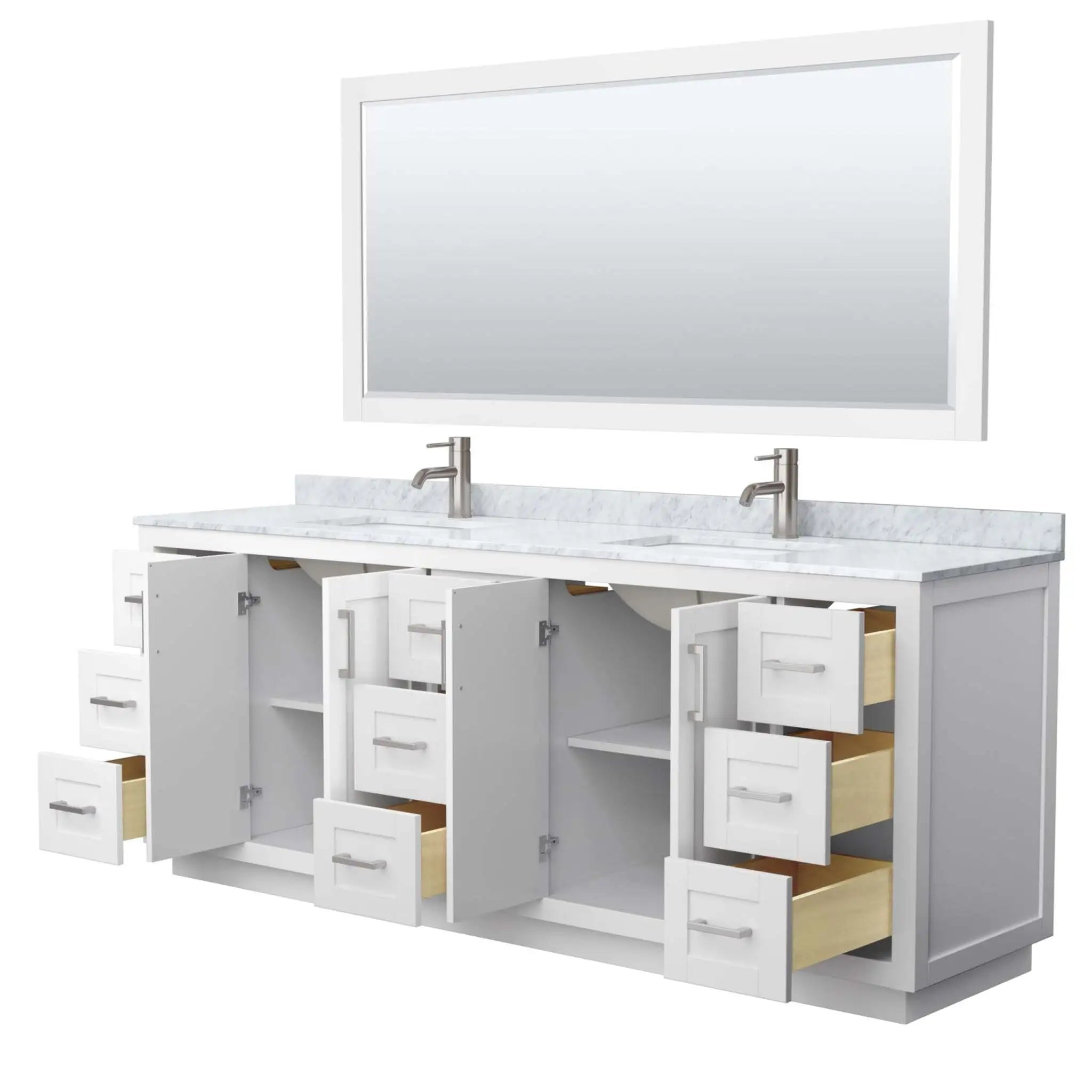 84" Miranda Double Bathroom Vanity in White with Brushed Nickel Trim & 70" Mirror by Wyndham