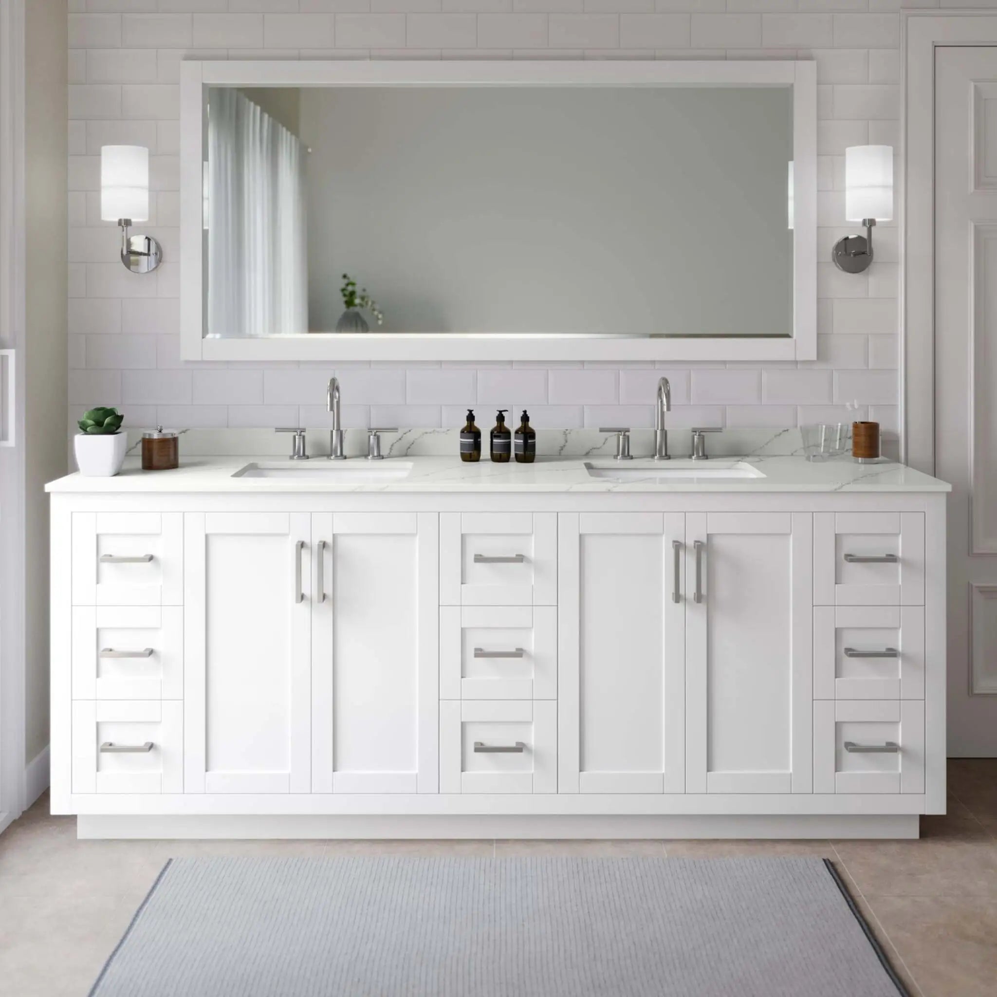 84" Miranda Double Bathroom Vanity in White with Brushed Nickel Trim by Wyndham