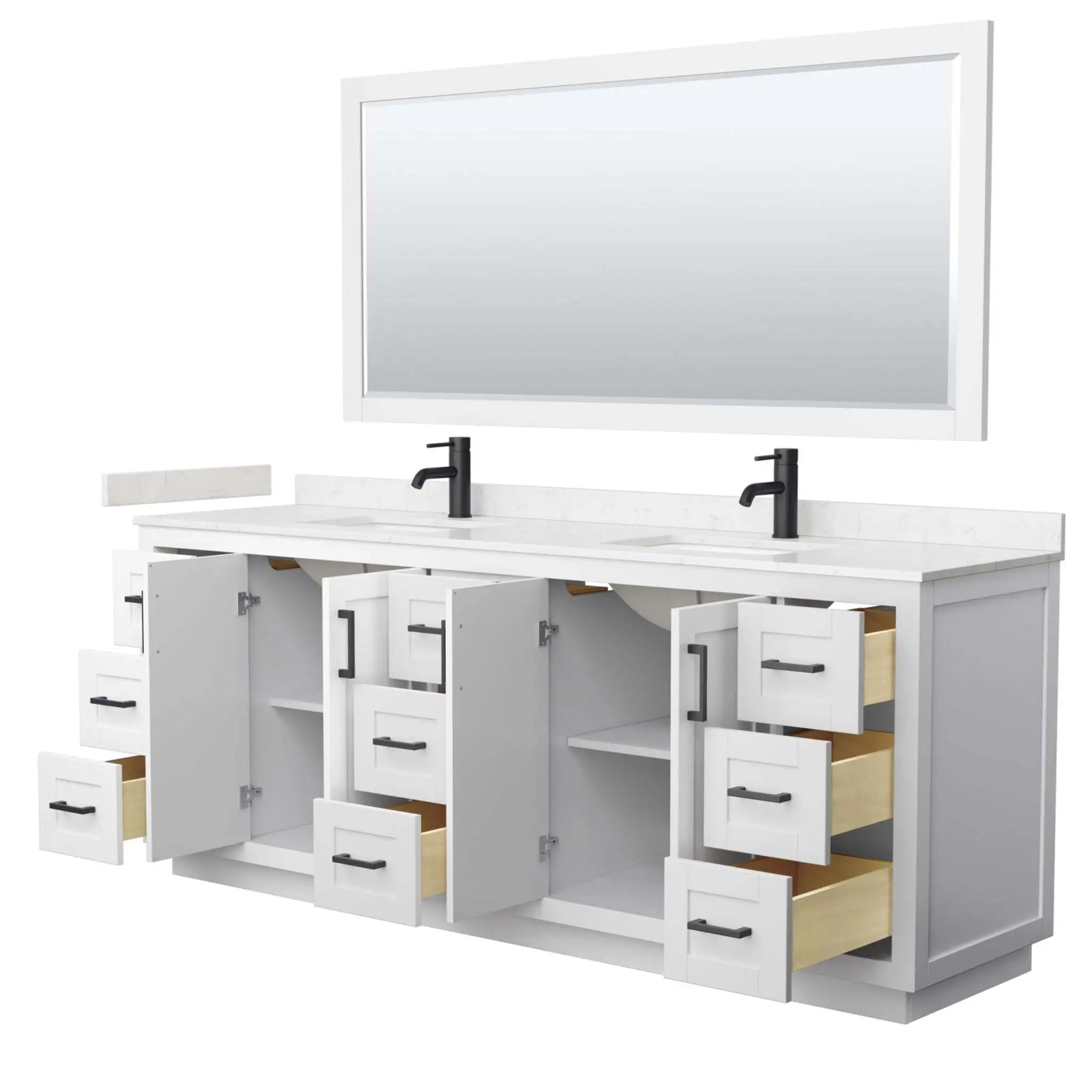 84" Miranda Double Bathroom Vanity in White with Matte Black Trim & 70" Mirror by Wyndham