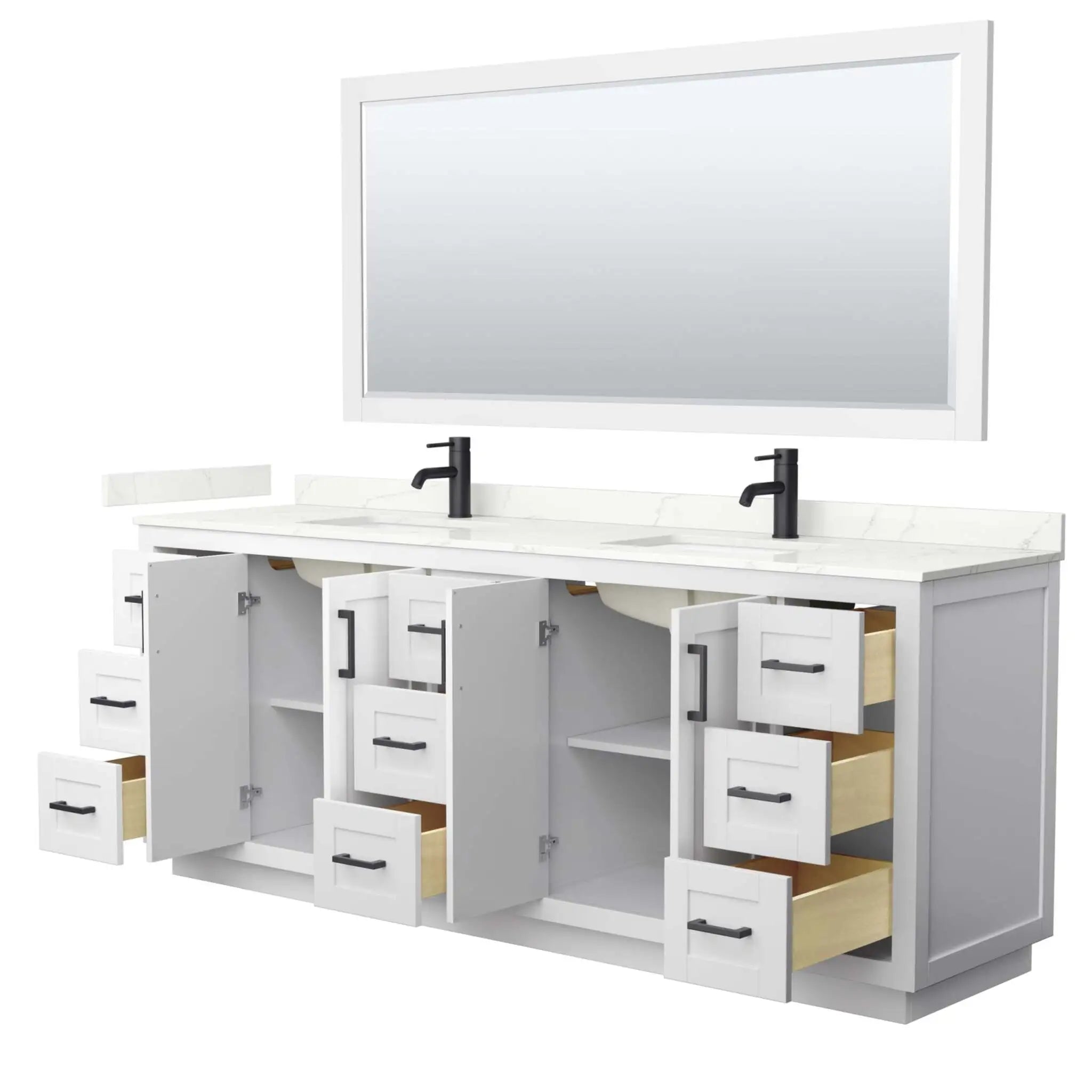 84" Miranda Double Bathroom Vanity in White with Matte Black Trim & 70" Mirror by Wyndham