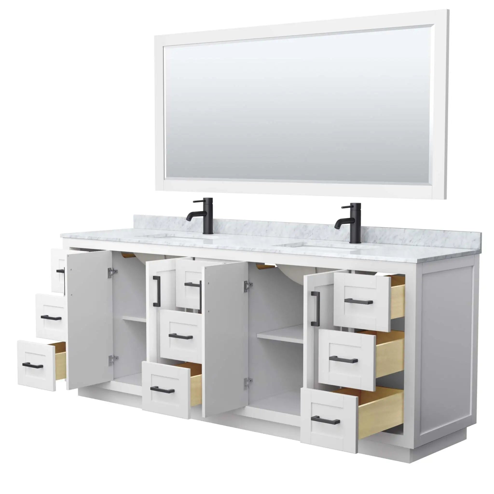 84" Miranda Double Bathroom Vanity in White with Matte Black Trim & 70" Mirror by Wyndham