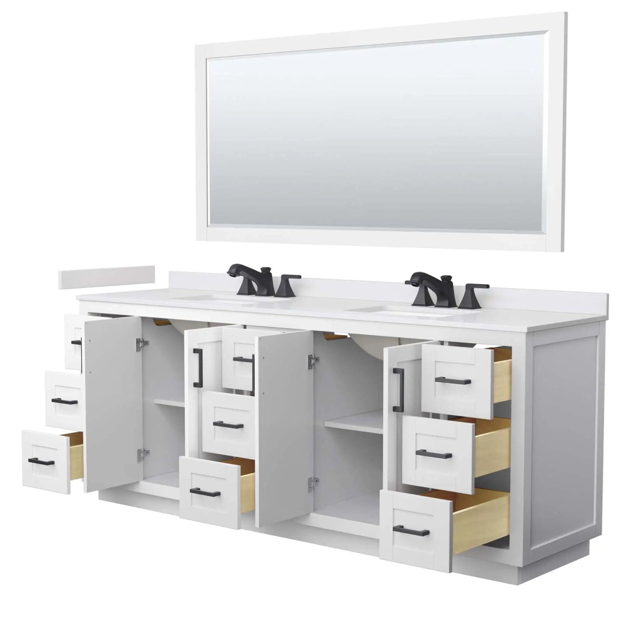 84" Miranda Double Bathroom Vanity in White with Matte Black Trim & 70" Mirror by Wyndham