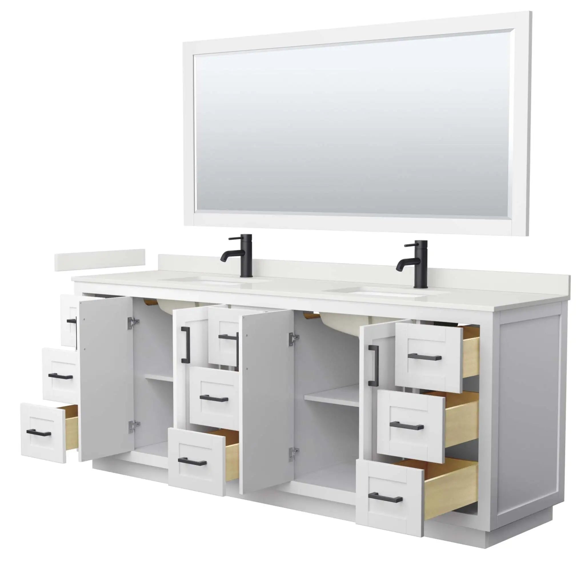84" Miranda Double Bathroom Vanity in White with Matte Black Trim & 70" Mirror by Wyndham