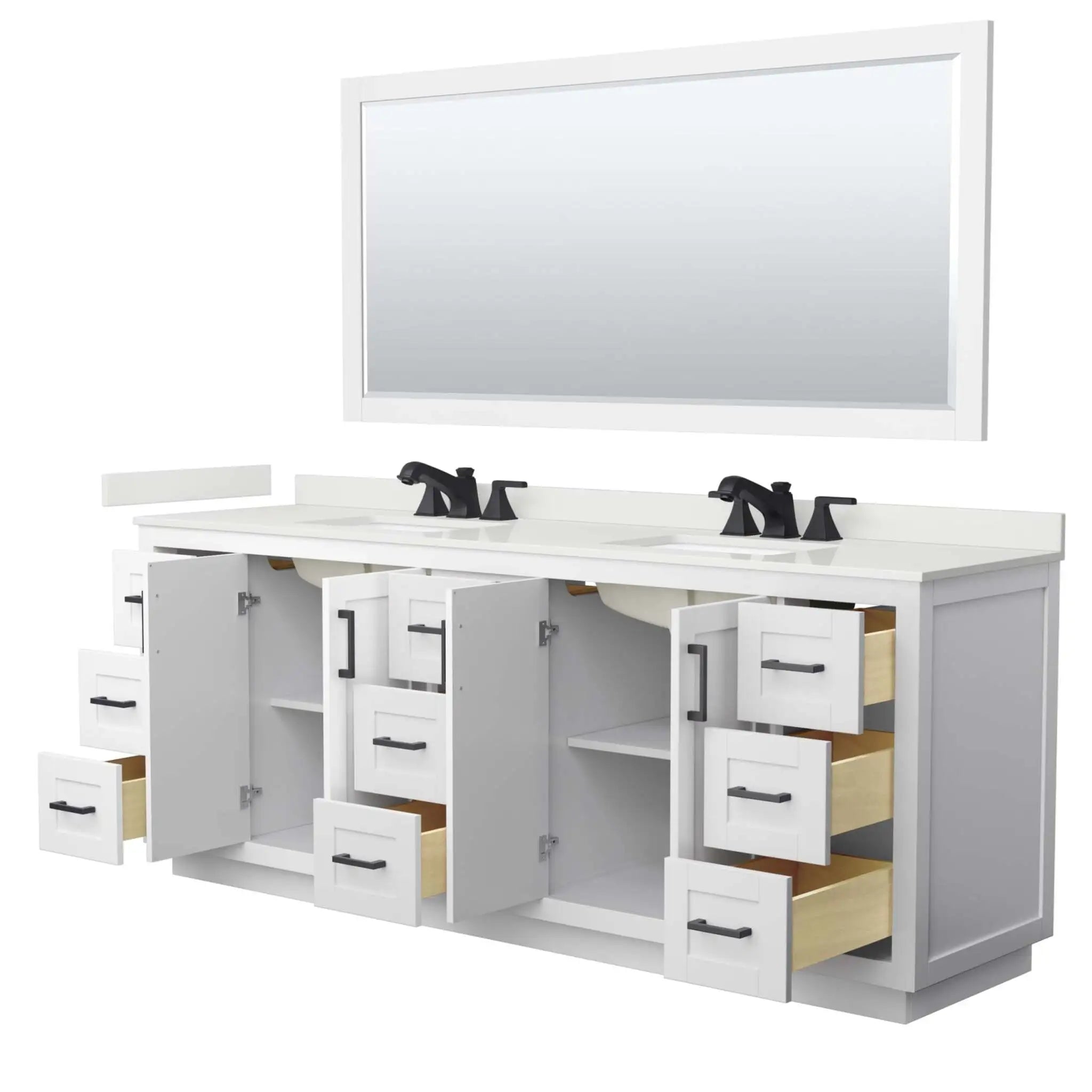 84" Miranda Double Bathroom Vanity in White with Matte Black Trim & 70" Mirror by Wyndham