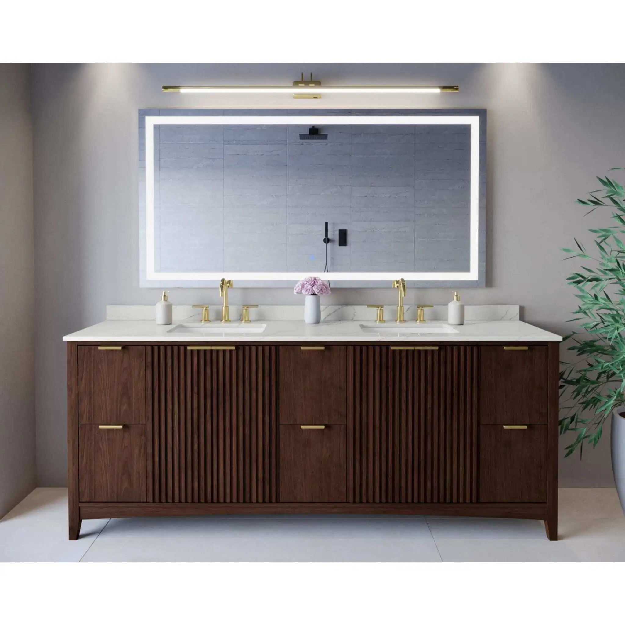 84" Palmilla Double Bathroom Vanity in Dark Walnut with Brushed Gold Trim by Wyndham