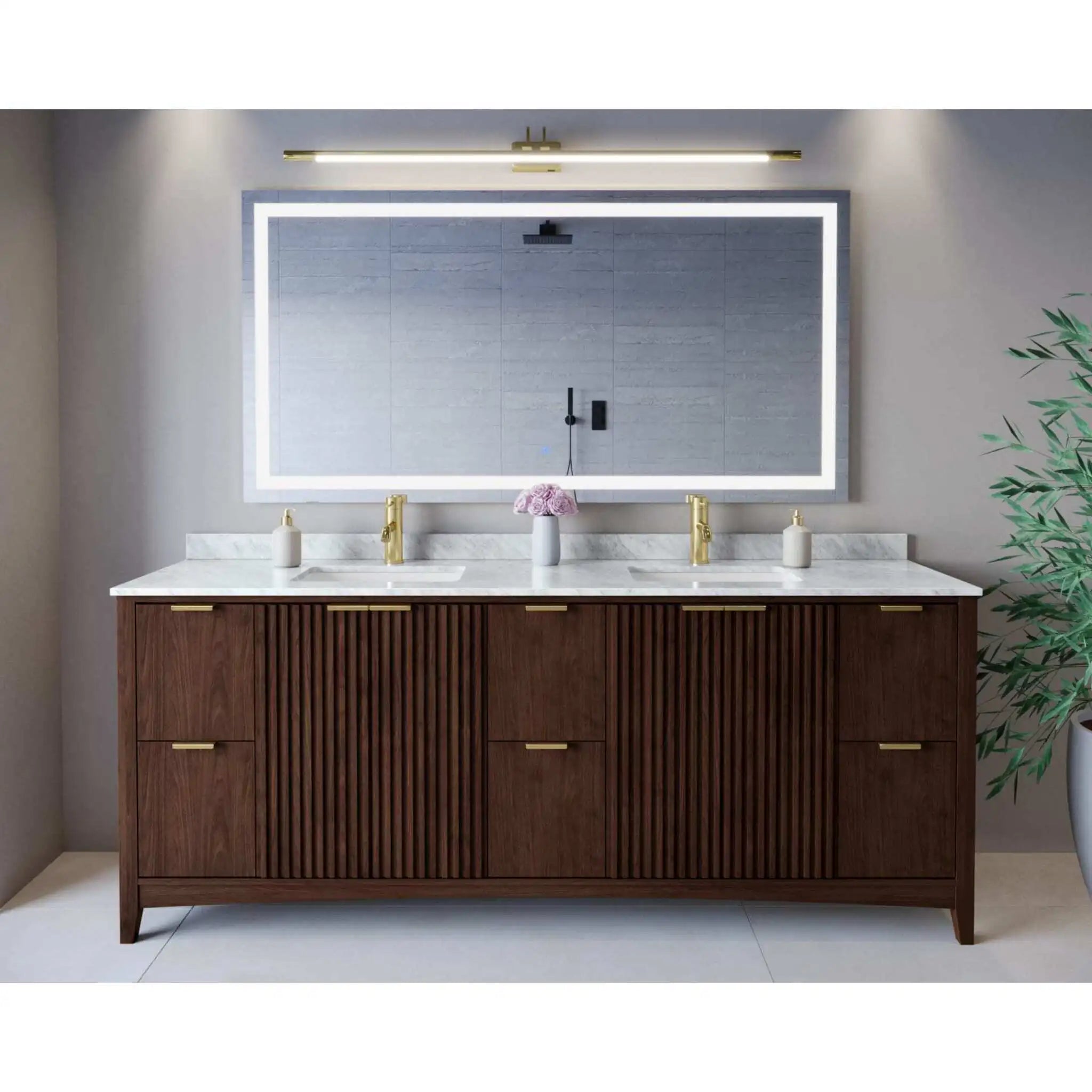 84" Palmilla Double Bathroom Vanity in Dark Walnut with Brushed Gold Trim by Wyndham