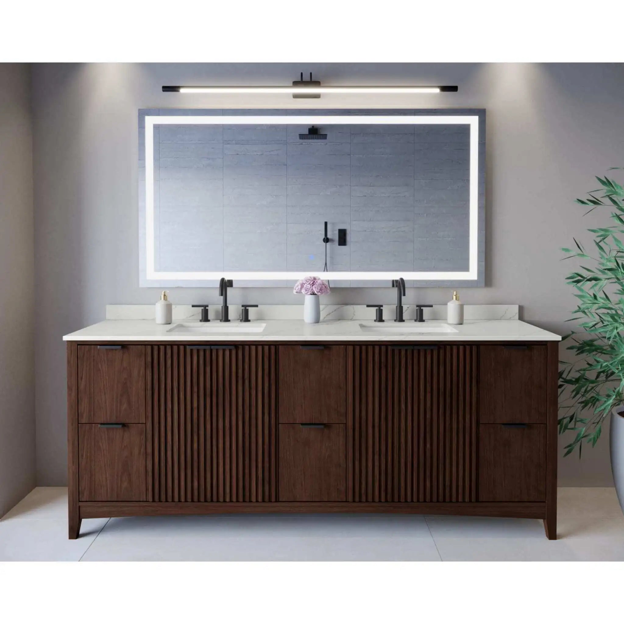 84" Palmilla Double Bathroom Vanity in Dark Walnut with Matte Black Trim by Wyndham