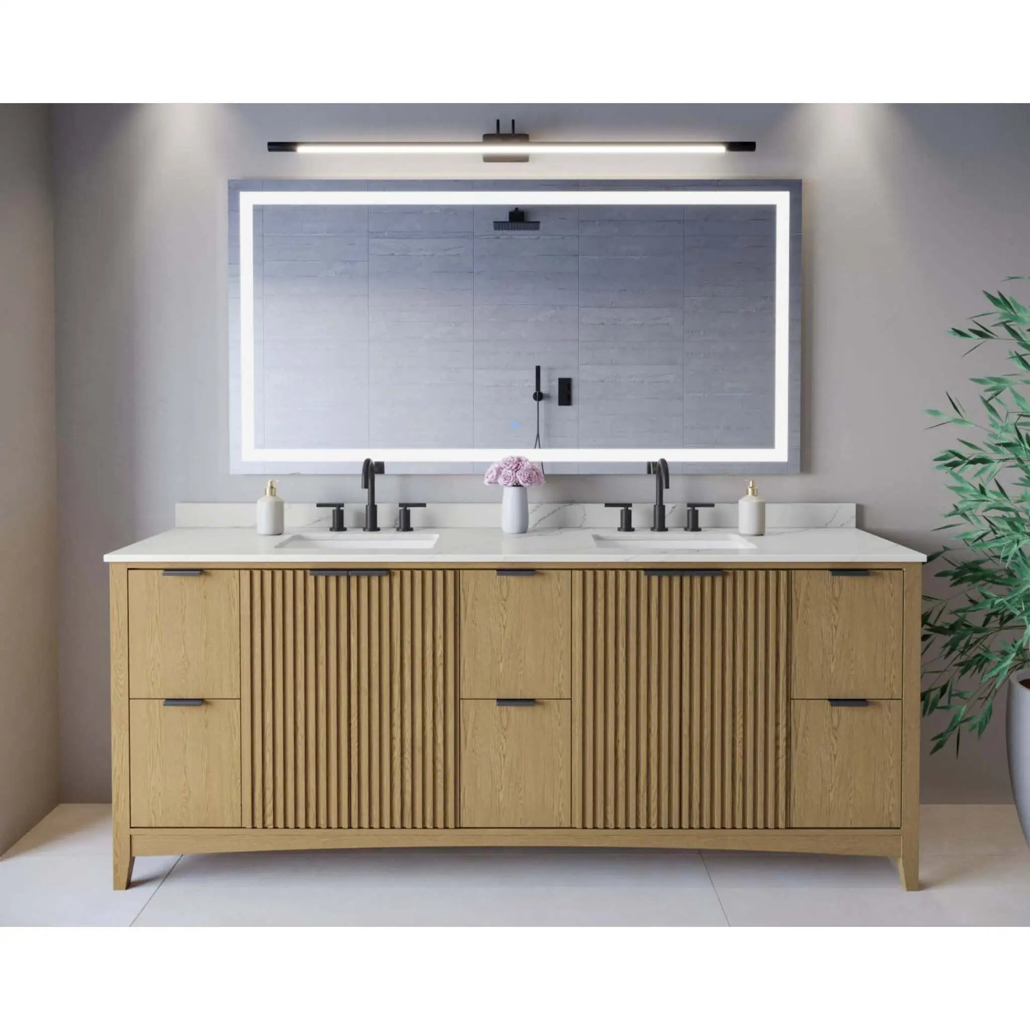 84" Palmilla Double Bathroom Vanity in Natural Oak with Matte Black Trim by Wyndham