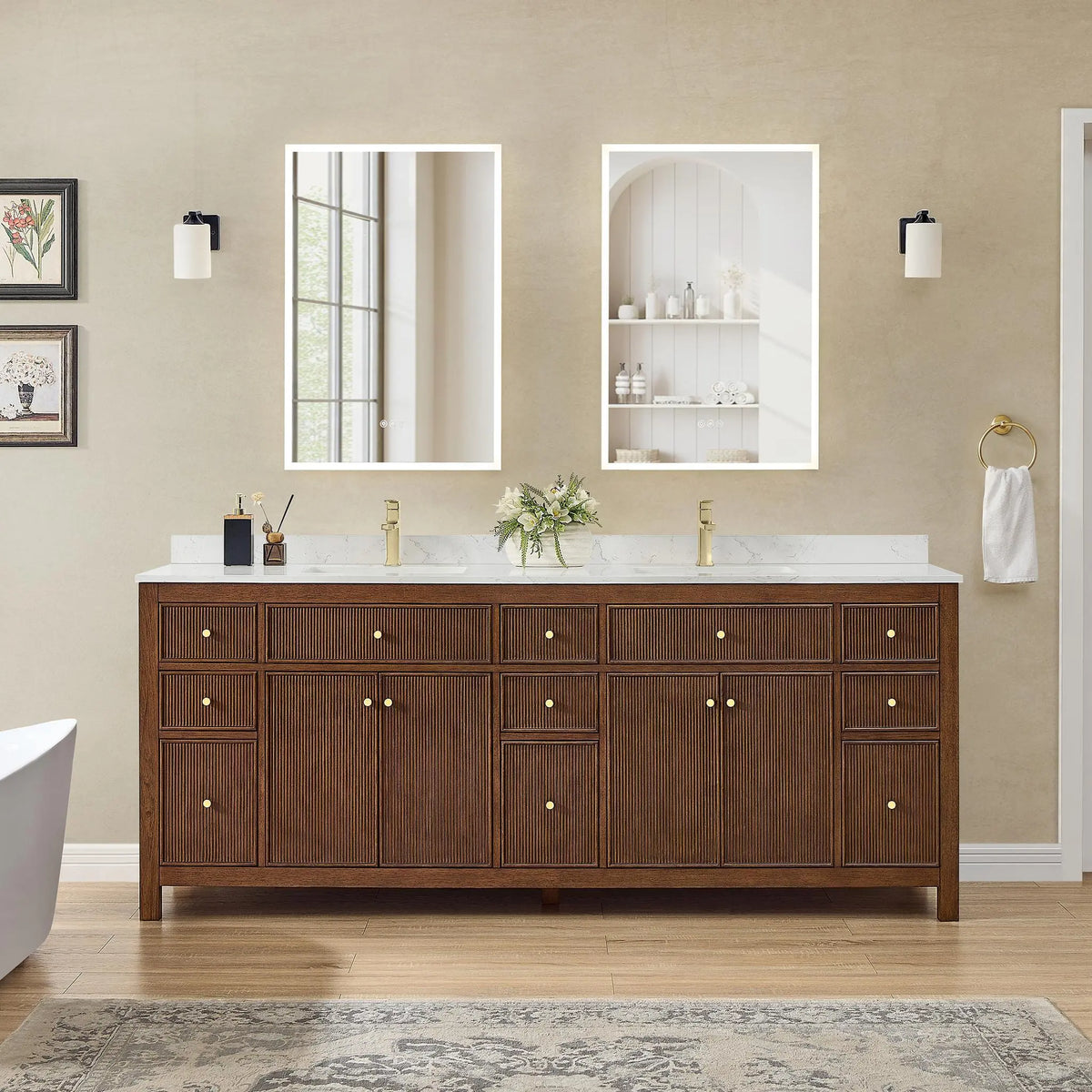 84" Pendry Double Bathroom Vanity Dark Walnut Brushed Gold Trim by wyndham View 2
