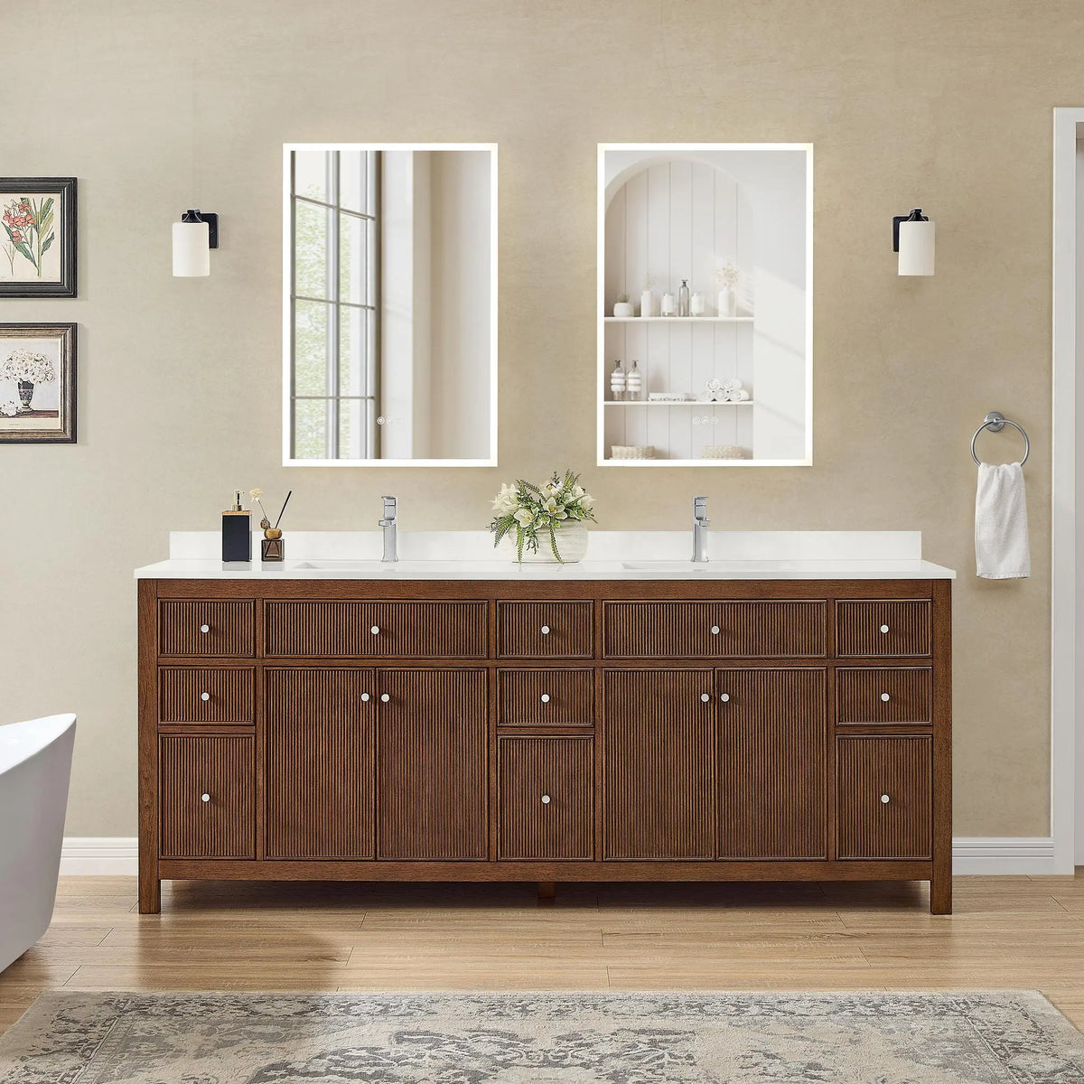 84" Pendry Double Bathroom Vanity Dark Walnut Brushed Nickel Trim by wyndham View 14