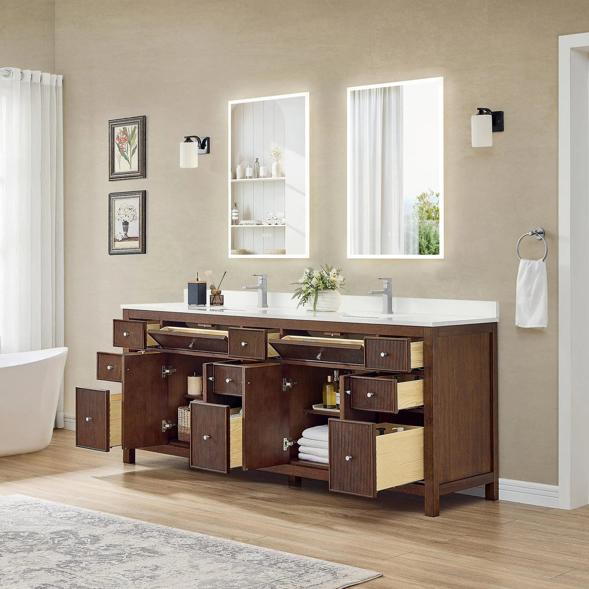 84" Pendry Double Bathroom Vanity Dark Walnut Brushed Nickel Trim by wyndham View 16