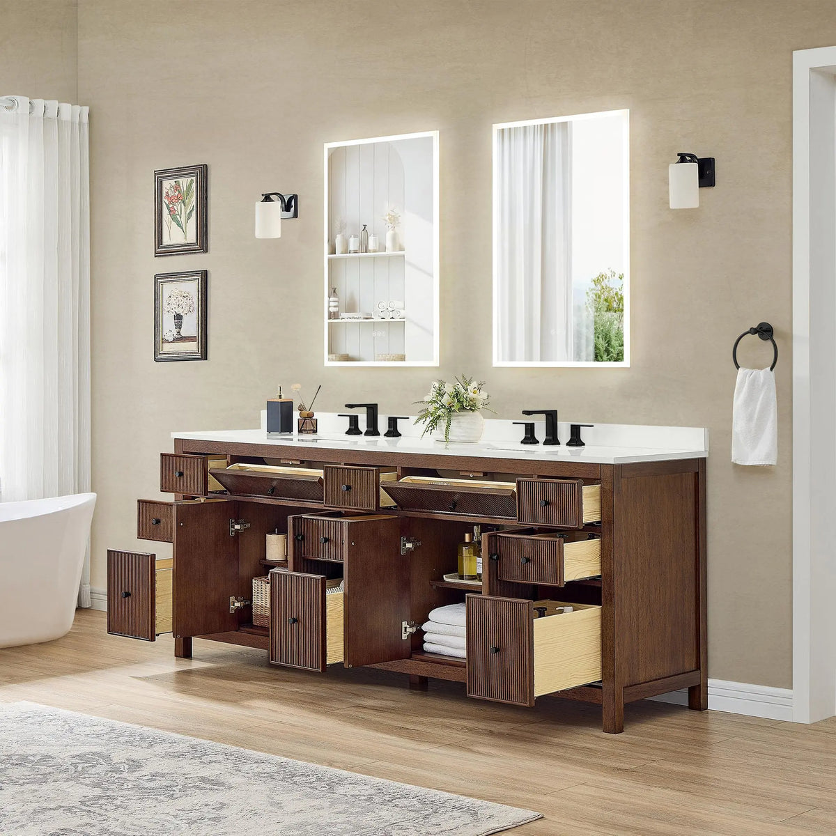 84" Pendry Double Bathroom Vanity Dark Walnut Matte Black Trim by wyndham View 24