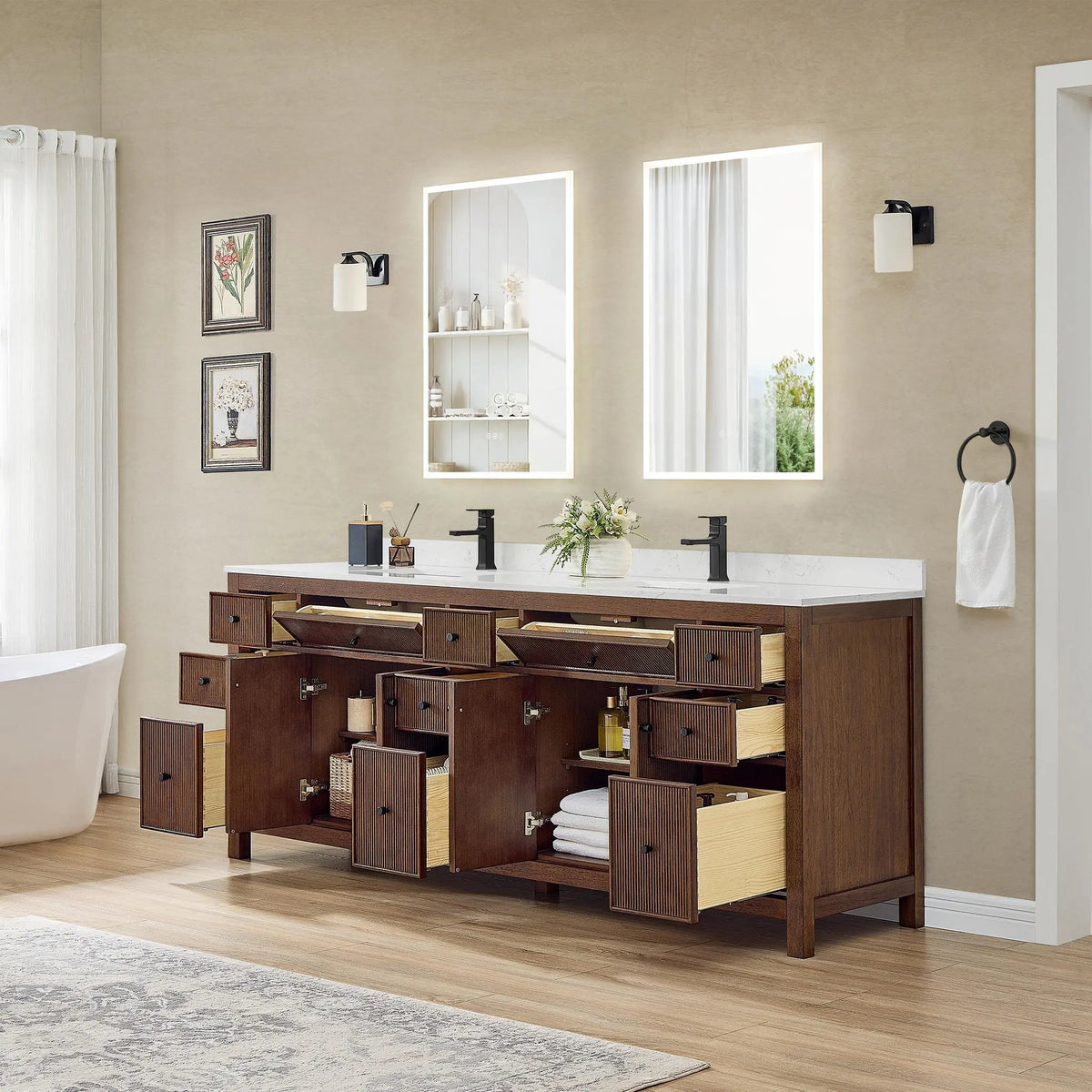 84" Pendry Double Bathroom Vanity Dark Walnut Matte Black Trim by wyndham View 4