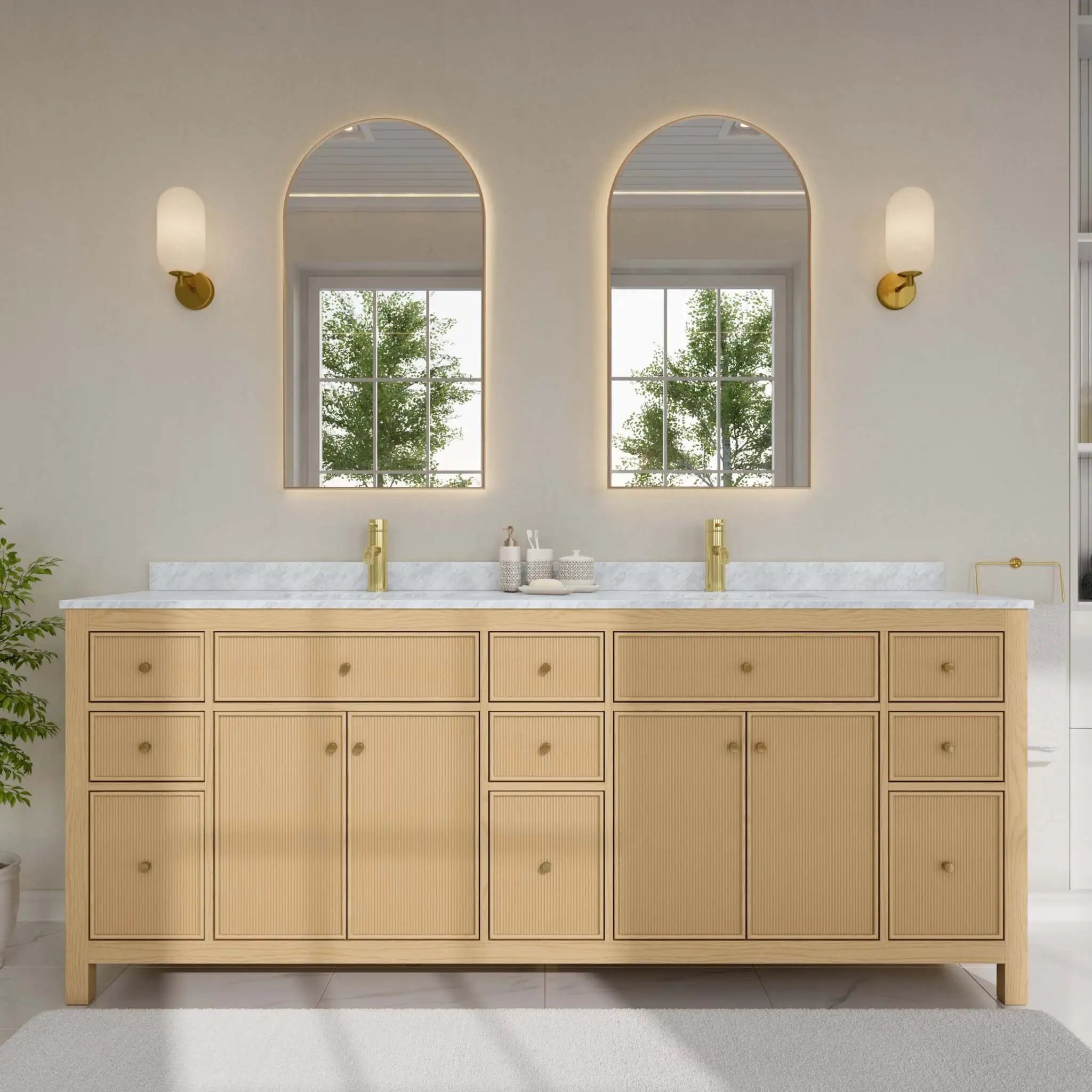 84" Pendry Double Bathroom Vanity in Tanned Oak with Brushed Gold Trim by Wyndham