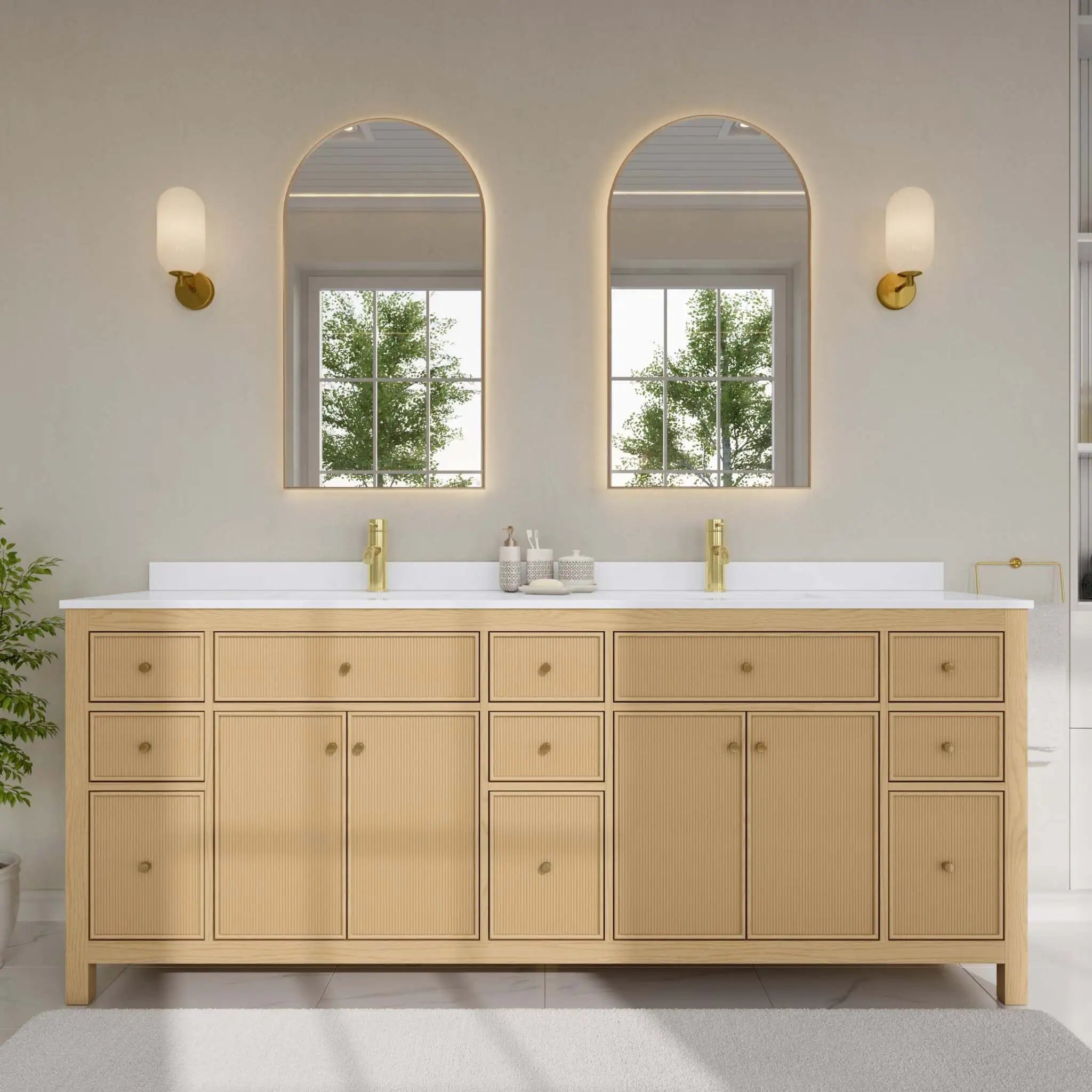 84" Pendry Double Bathroom Vanity in Tanned Oak with Brushed Gold Trim by Wyndham