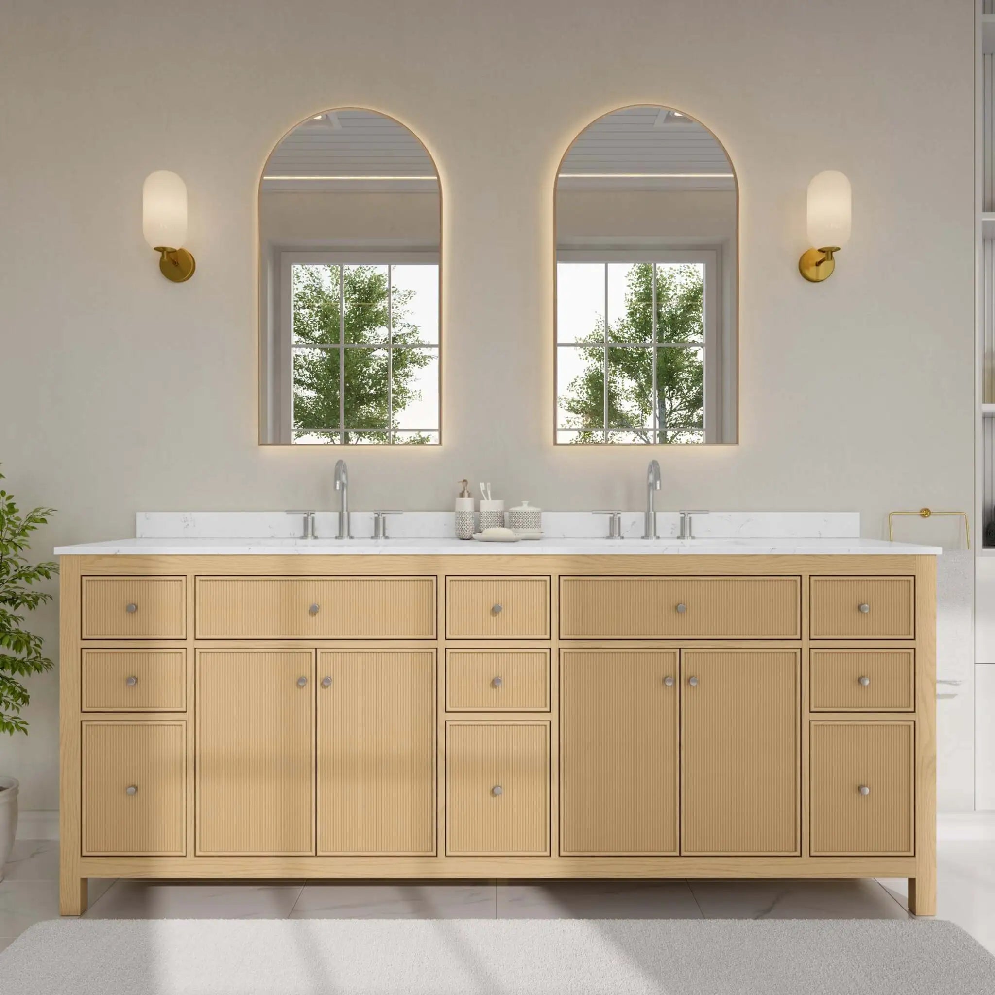 84" Pendry Double Bathroom Vanity in Tanned Oak with Brushed Nickel Trim by Wyndham