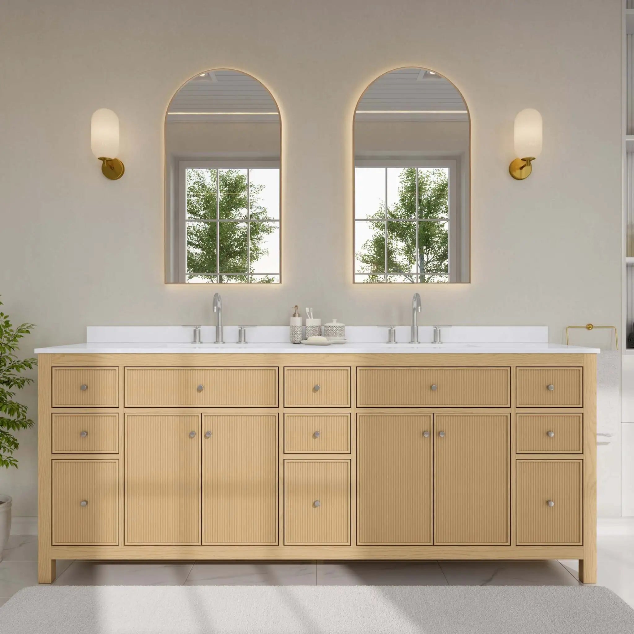 84" Pendry Double Bathroom Vanity in Tanned Oak with Brushed Nickel Trim by Wyndham