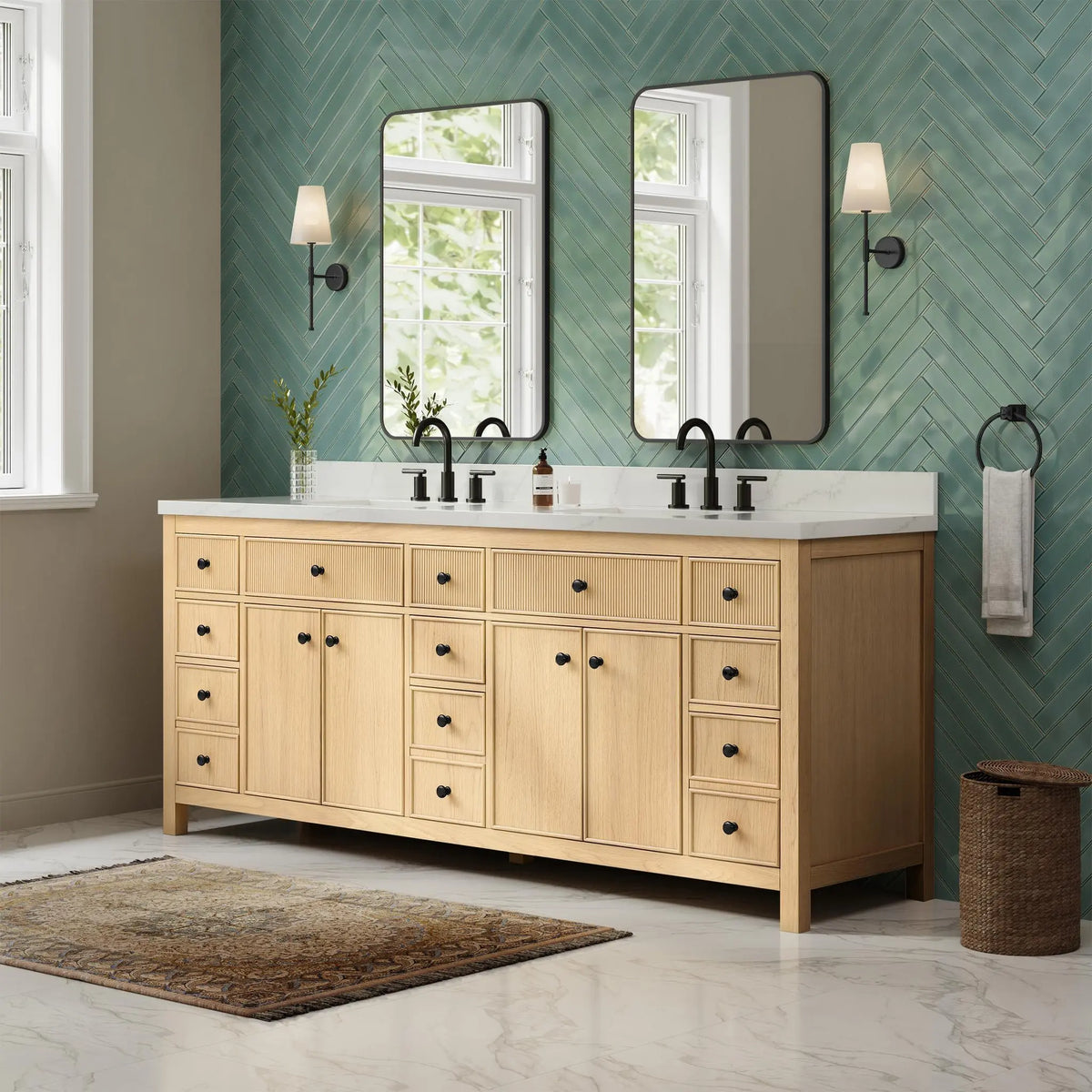 84" Rian Double Bathroom Vanity Scandinavian Oak Matte Black Trim by wyndham View 8