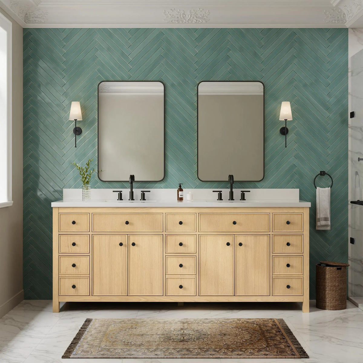 84" Rian Double Bathroom Vanity Scandinavian Oak Matte Black Trim by wyndham View 14